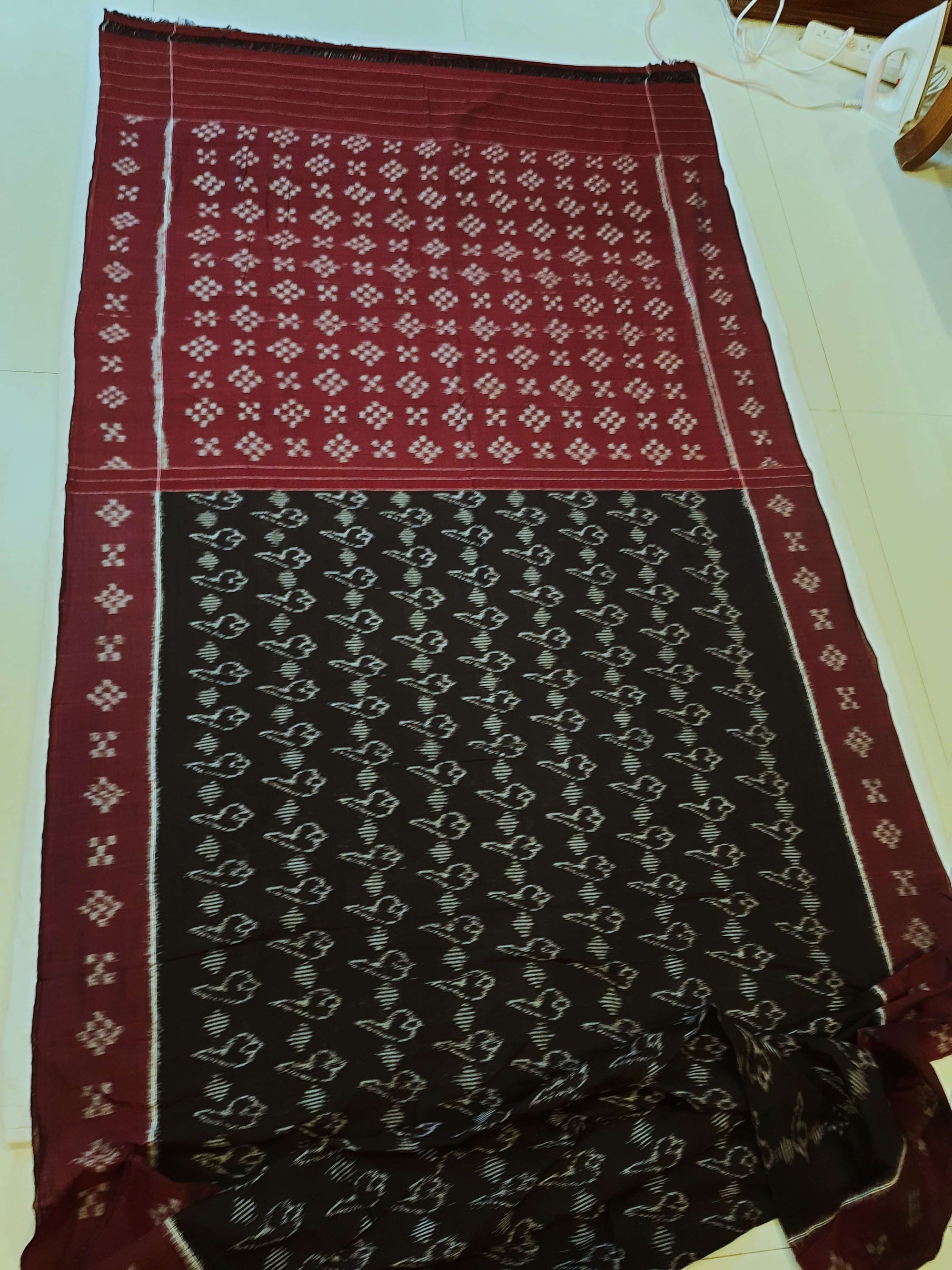 Black with Maroon Cotton Odisha Ikat saree with matching blouse piece