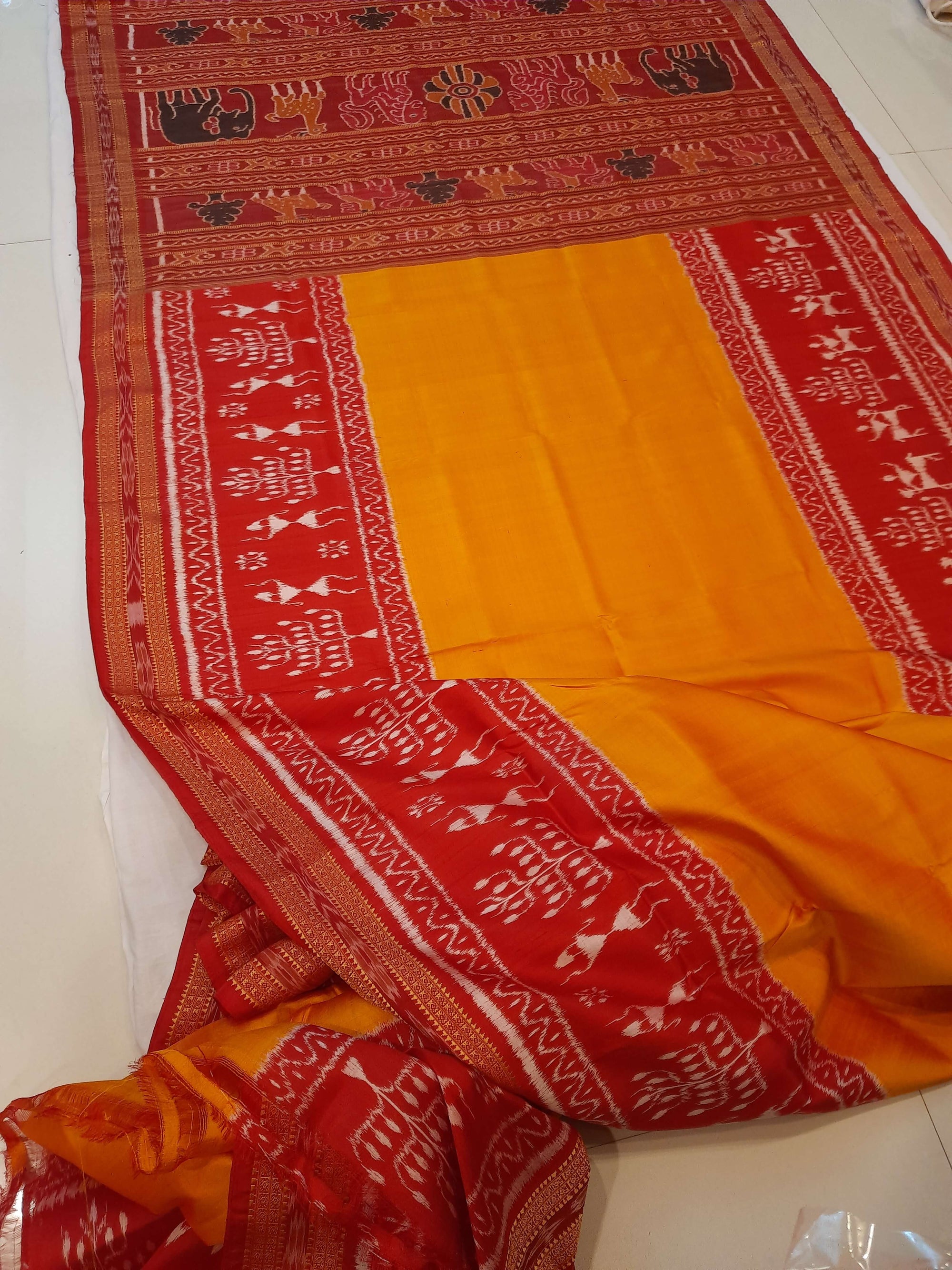 Yellow Red Odisha Khandua Pata Silk Saree with running blouse piece