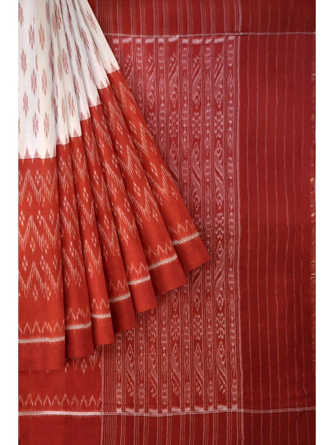 White and Red Cotton Odisha Ikat saree  with mix match cotton ikat blouse