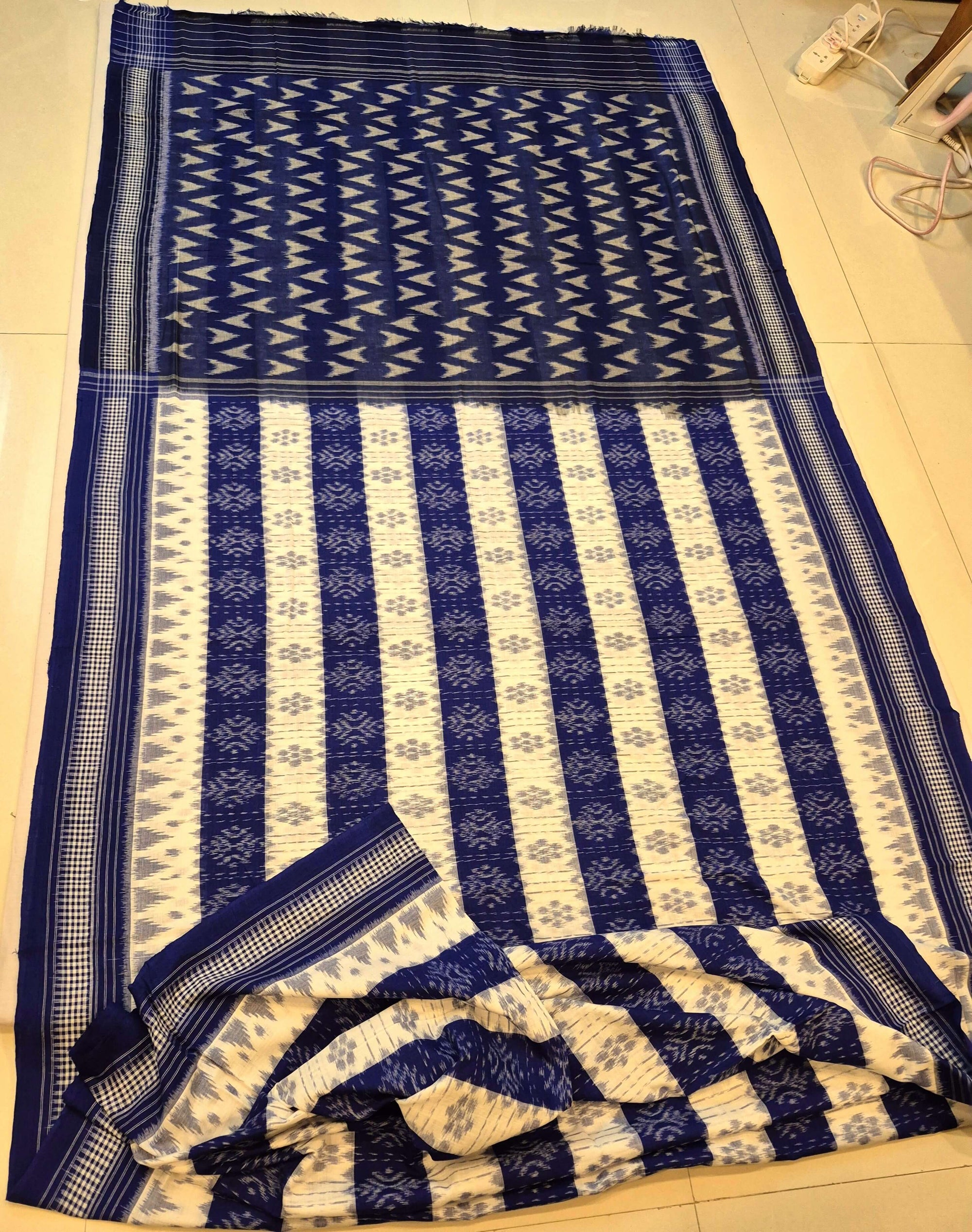 White with Blue Cotton Odisha Ikat saree with cotton ikat blouse piece