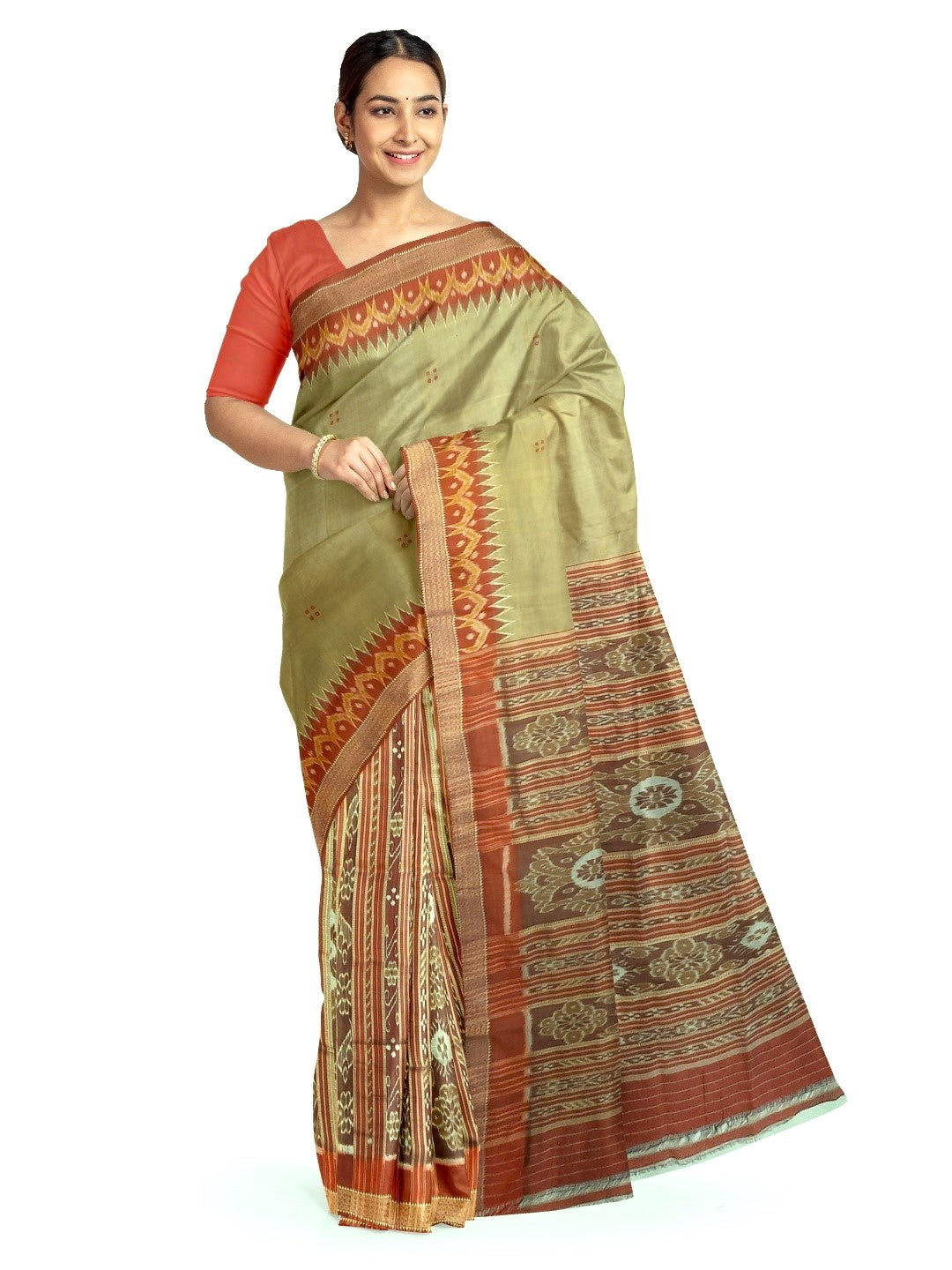 Light Greenish Beige Patli Pleats Odisha Khandua Pata Silk Saree