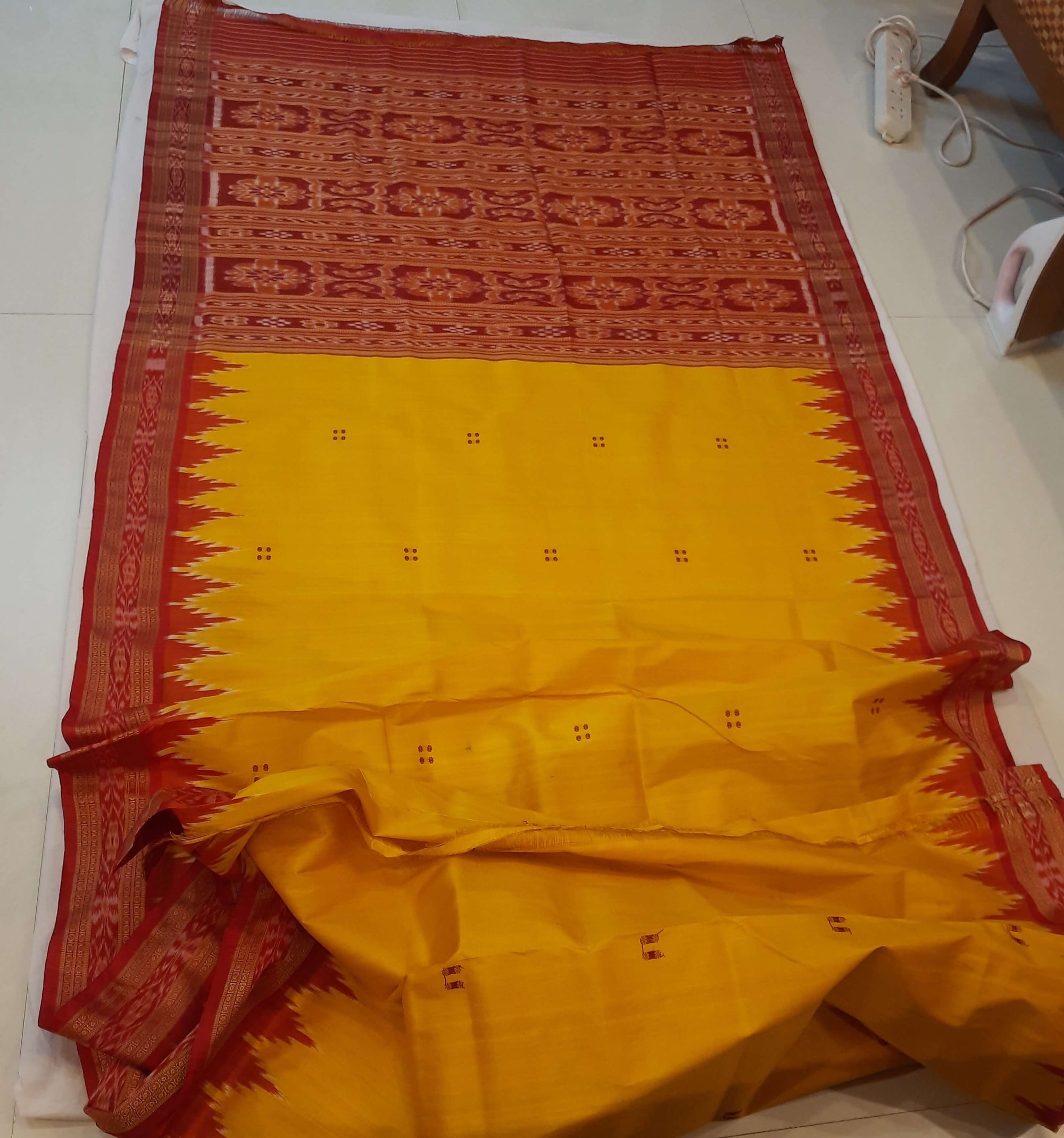 Yellow Red Odisha Khandua Pata Silk Saree with cotton ikat blouse piece
