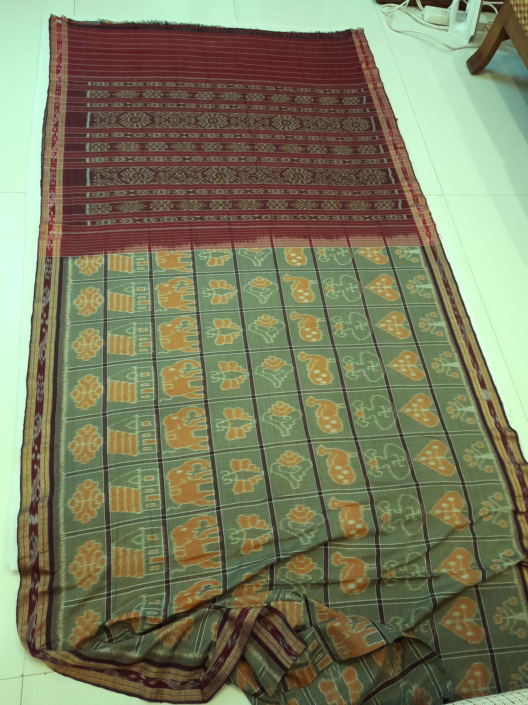 Grey cotton Nuapatna Nabakothi Saree with mix match cotton Ikat blouse piece