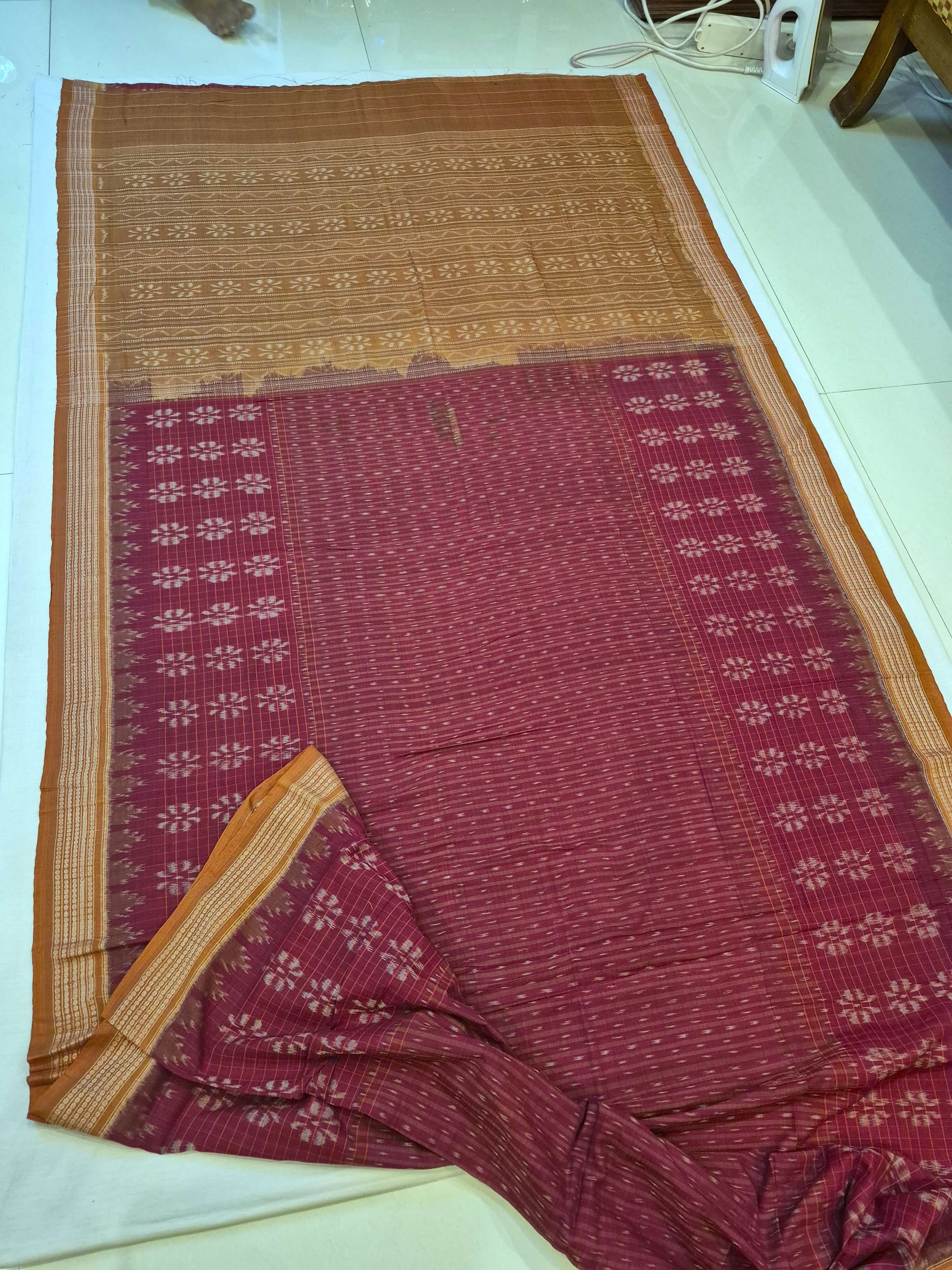 Maroon Sambalpuri Cotton Saree with cotton ikat blouse piece