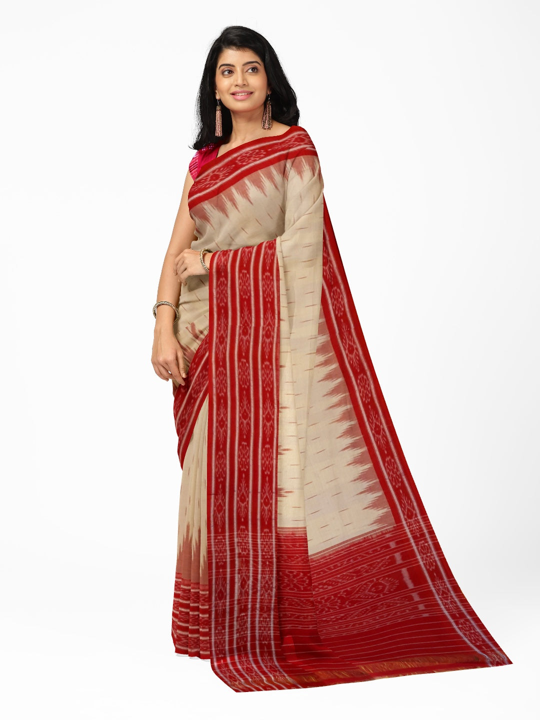 Beige wide border Cotton Odisha Ikat saree  with mix match cotton ikat blouse