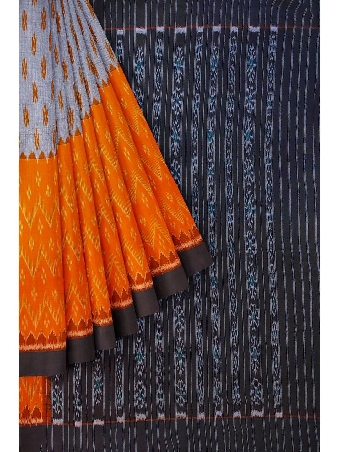 Grey Orange half half colored body Odisha Ikat saree with cotton ikat blouse piece