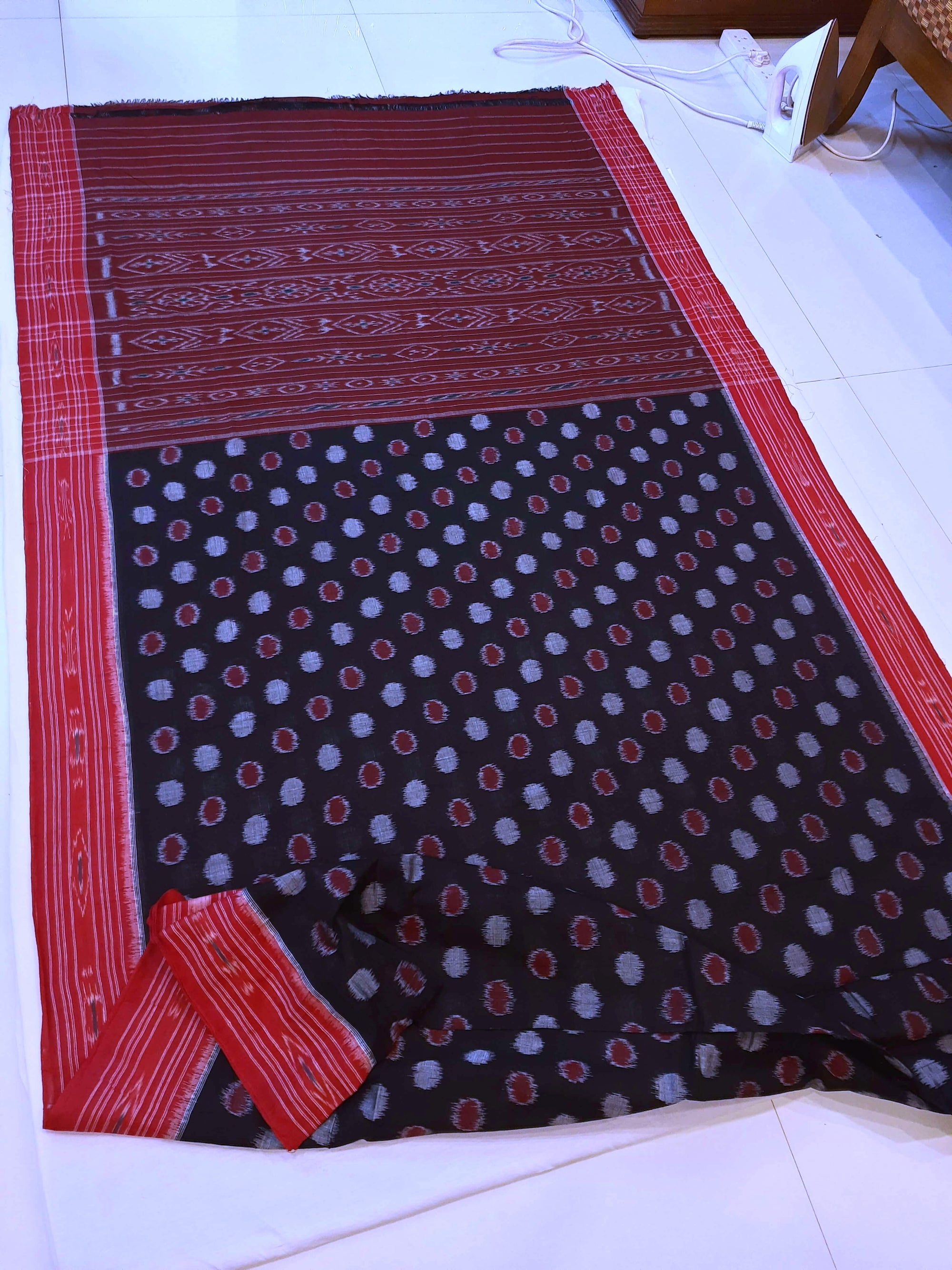 Black Cotton Odisha Ikat saree with mix match blouse piece