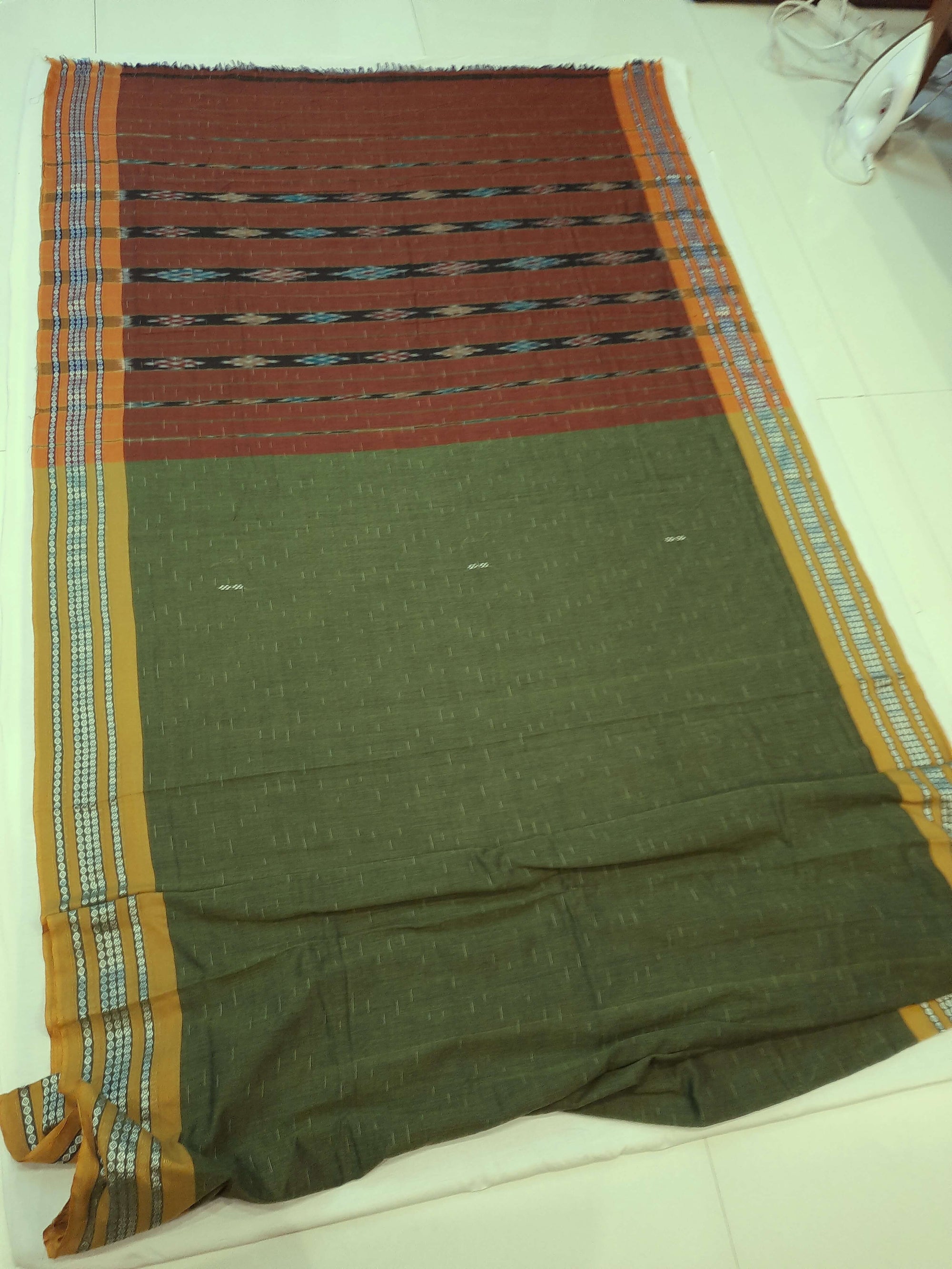 Olive Green Cotton Odisha Ikat saree with mix match blouse piece