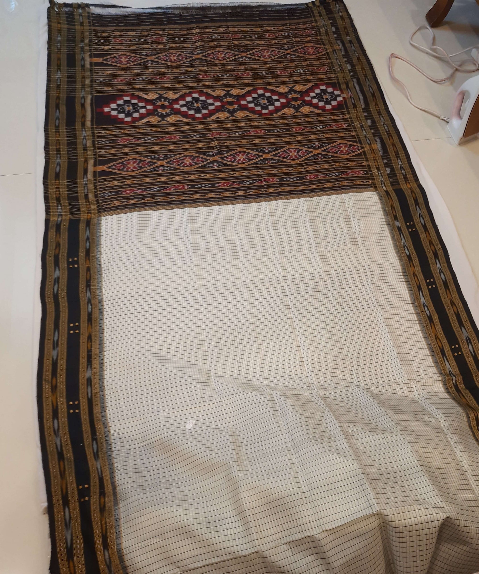 Offwhite Black Sachipar Khandua Pata Silk Saree with cotton ikat blouse piece