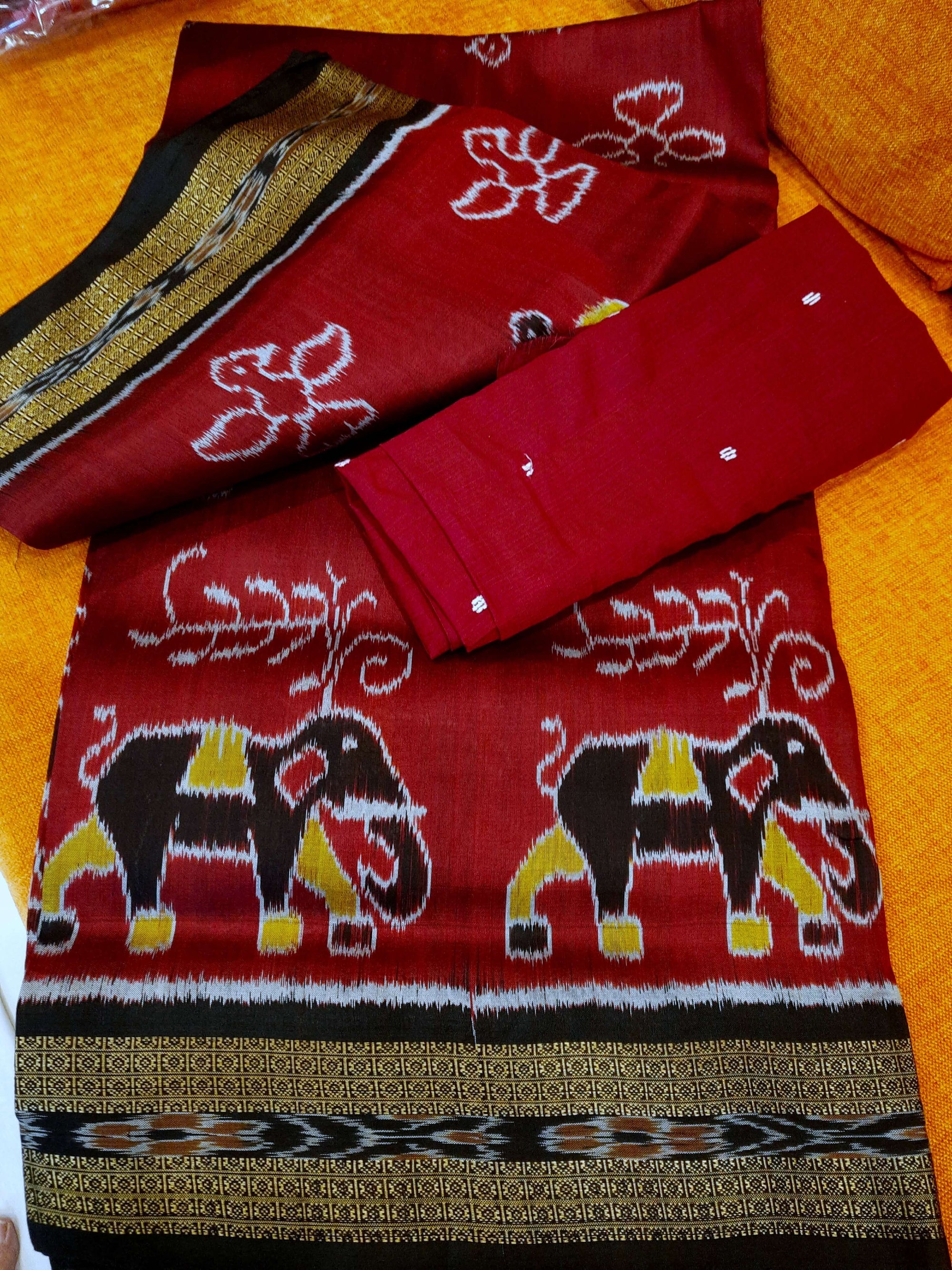 Maroon Odisha Khandua Pata Silk Saree with cotton ikat blouse piece