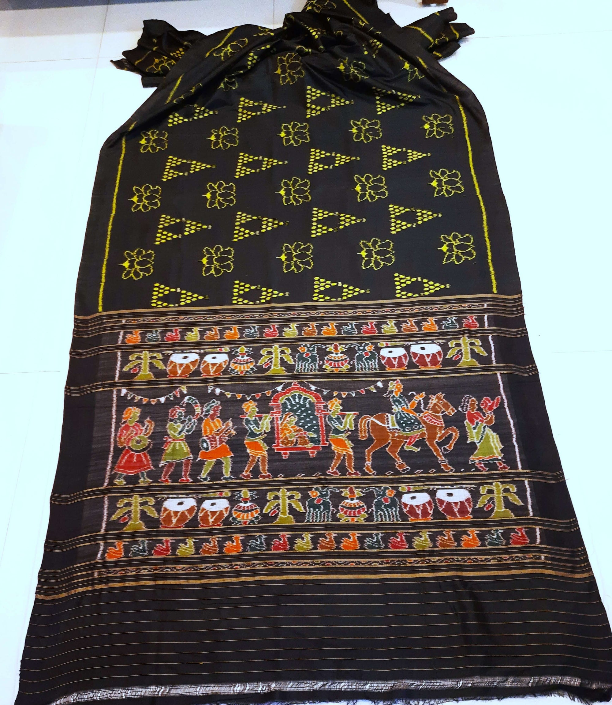 Black Odisha Khandua Pata Silk Saree with Silk Blouse piece