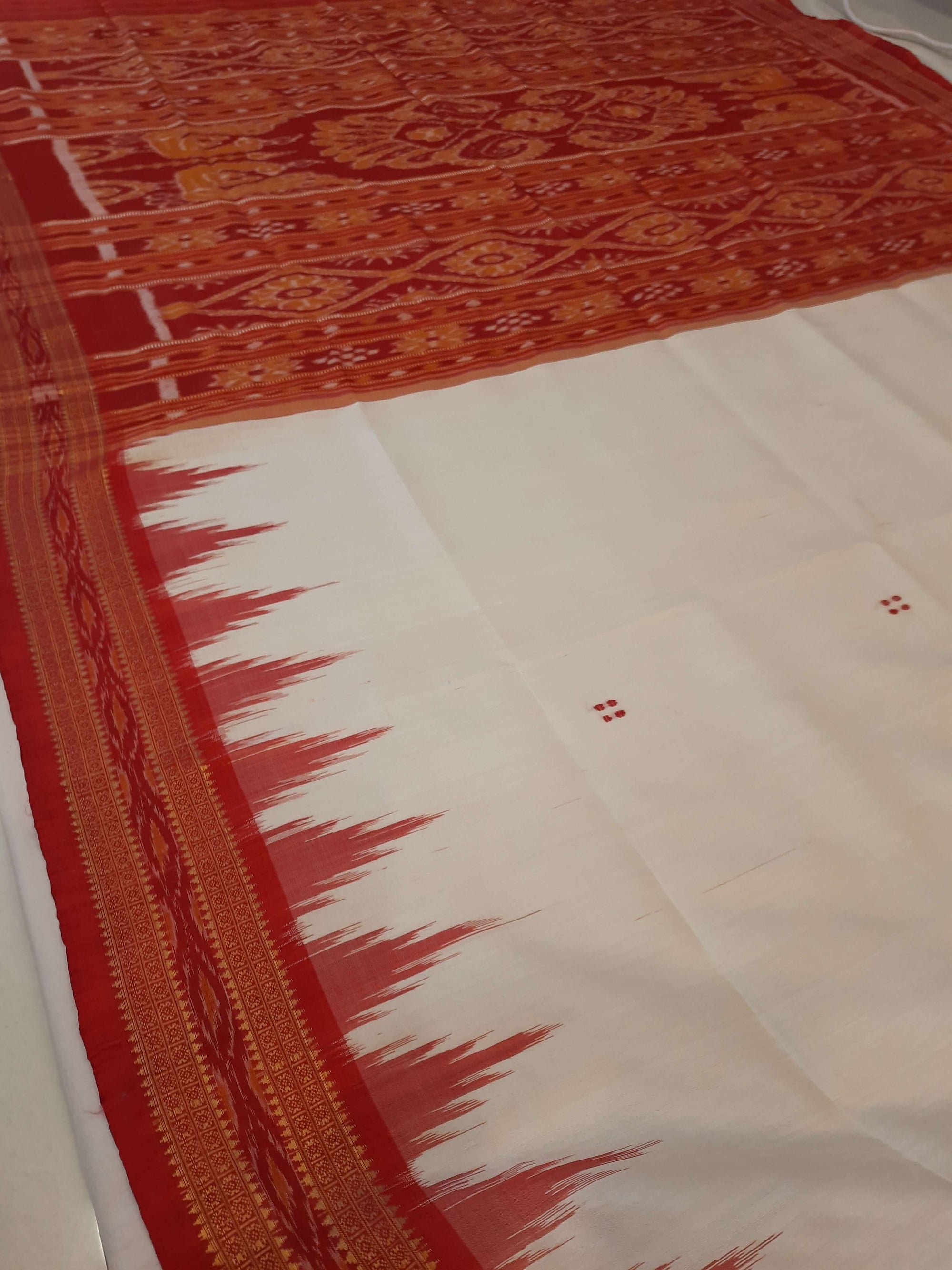 White Red Odisha Khandua Pata Silk Saree with cotton ikat blouse piece