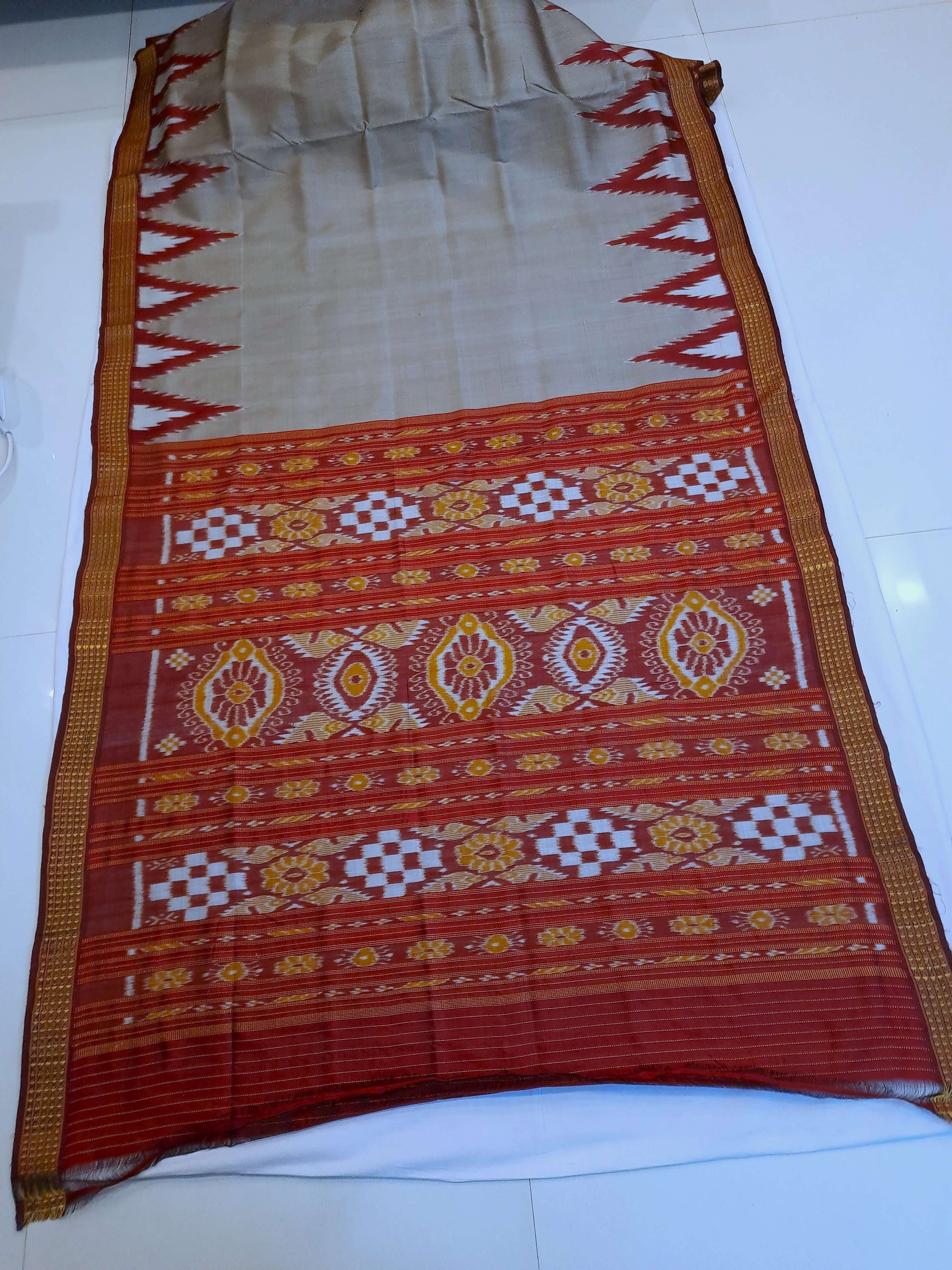 Grey with Maroon Odisha Khandua Pata Silk Saree with Silk blouse piece