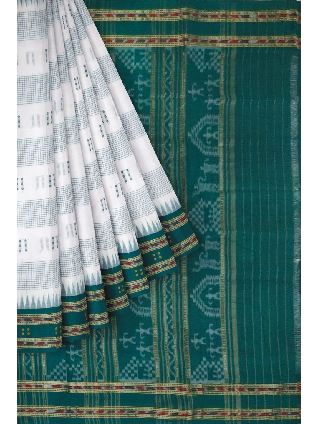 White with Green buti Cotton Odisha Ikat saree with mix match cotton ikat blouse