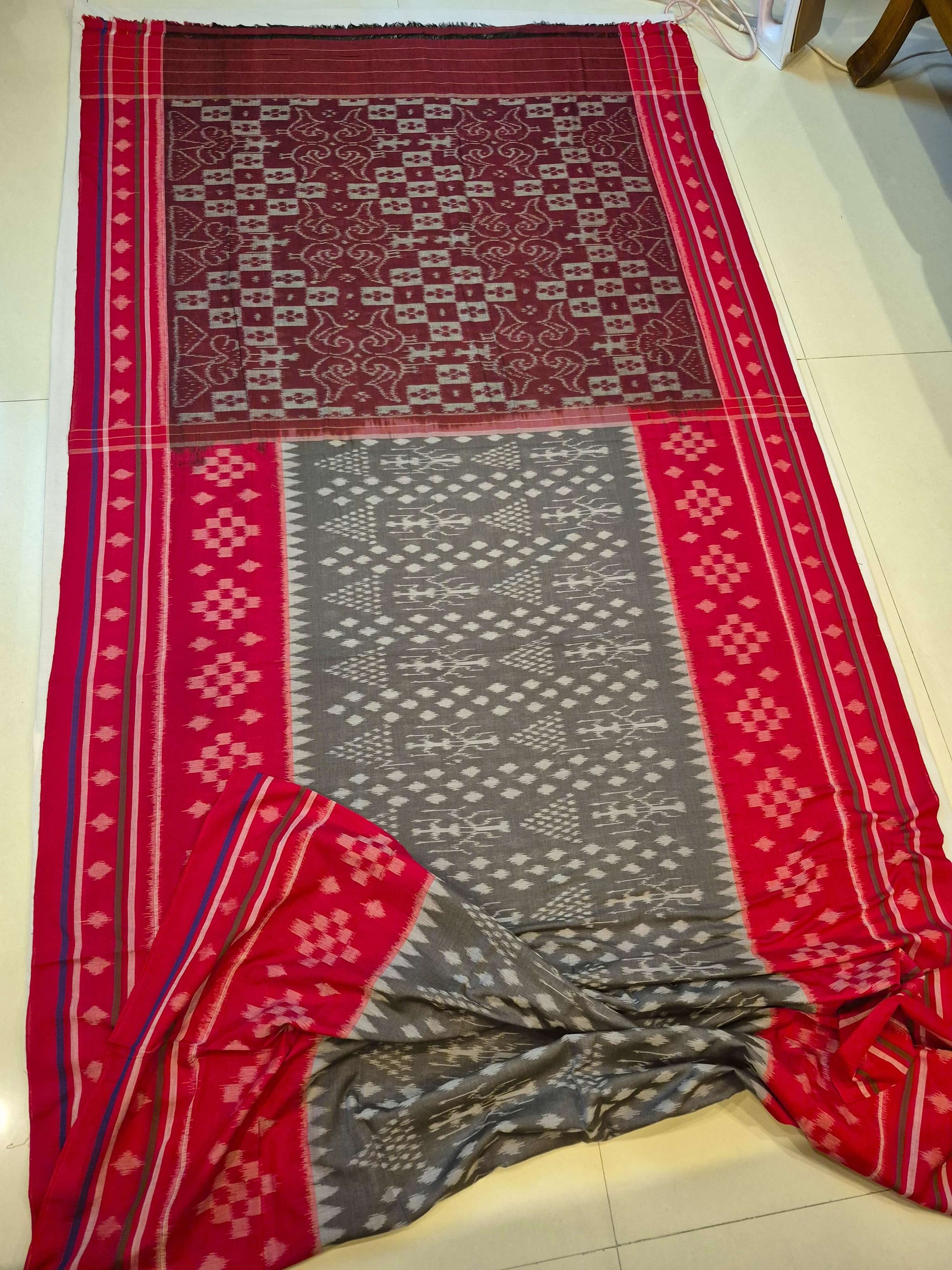 Grey with Red cotton Odisha Ikat Saree with matching cotton Ikat blouse piece