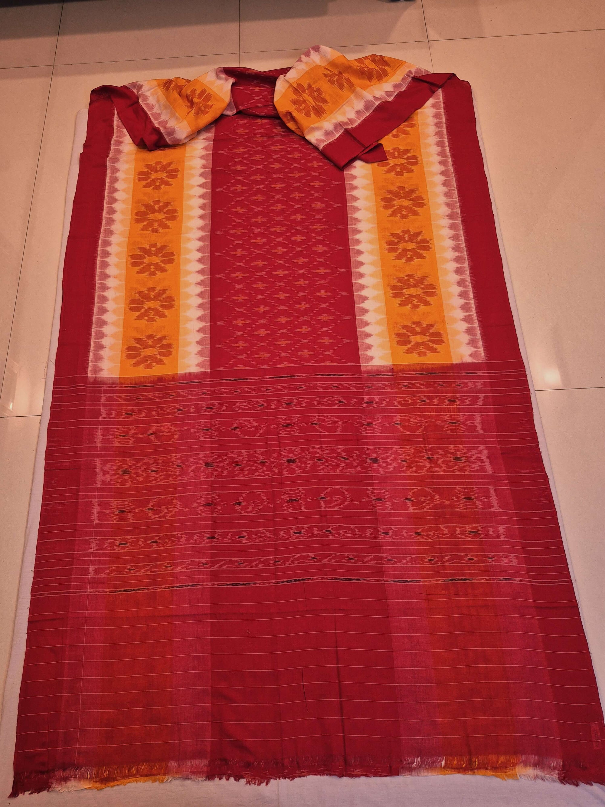 Red Yellow Cotton Odisha Ikat saree with mix match cotton ikat blouse