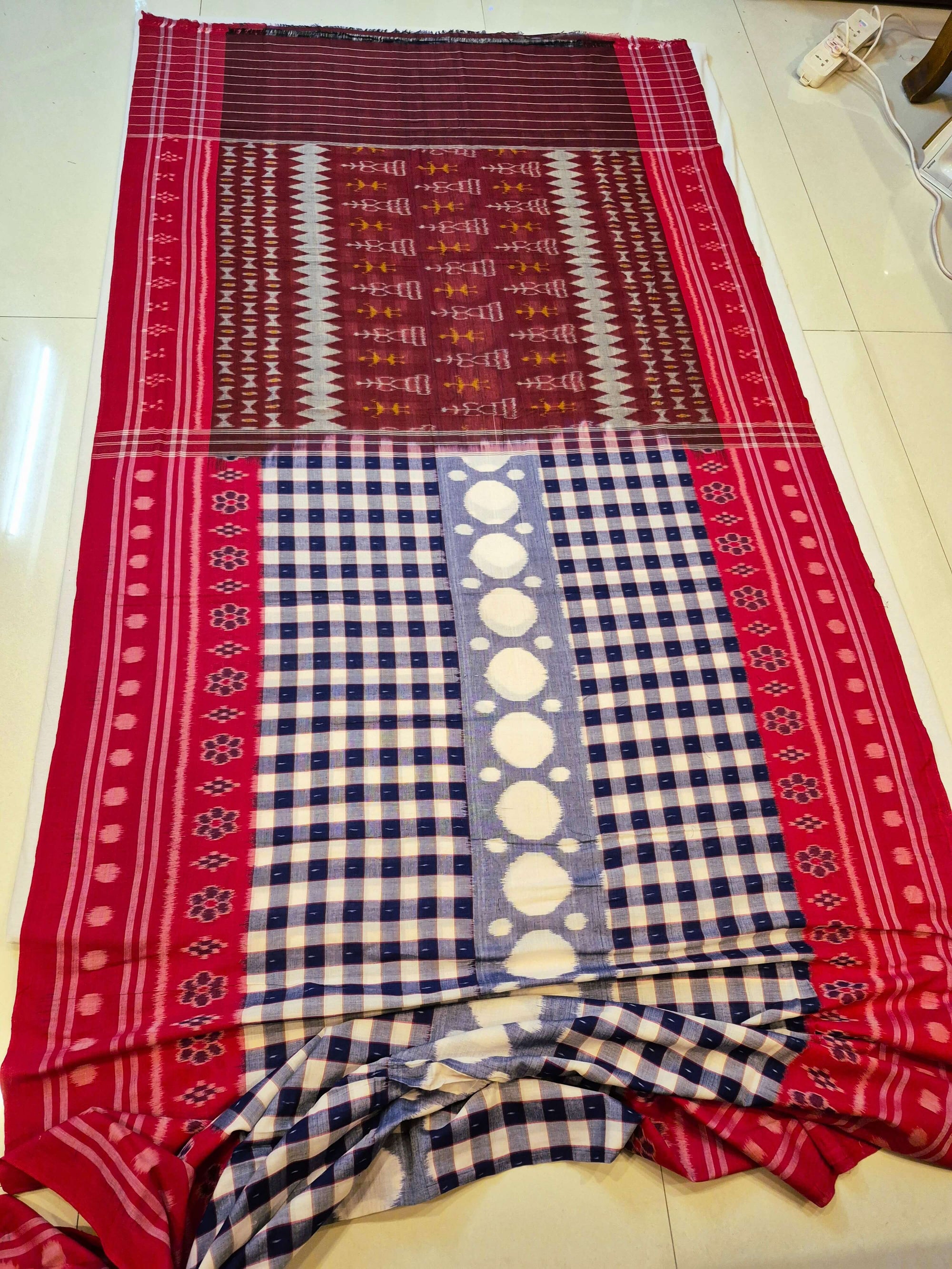 Blue with Red Cotton Odisha Ikat saree with cotton ikat blouse piece