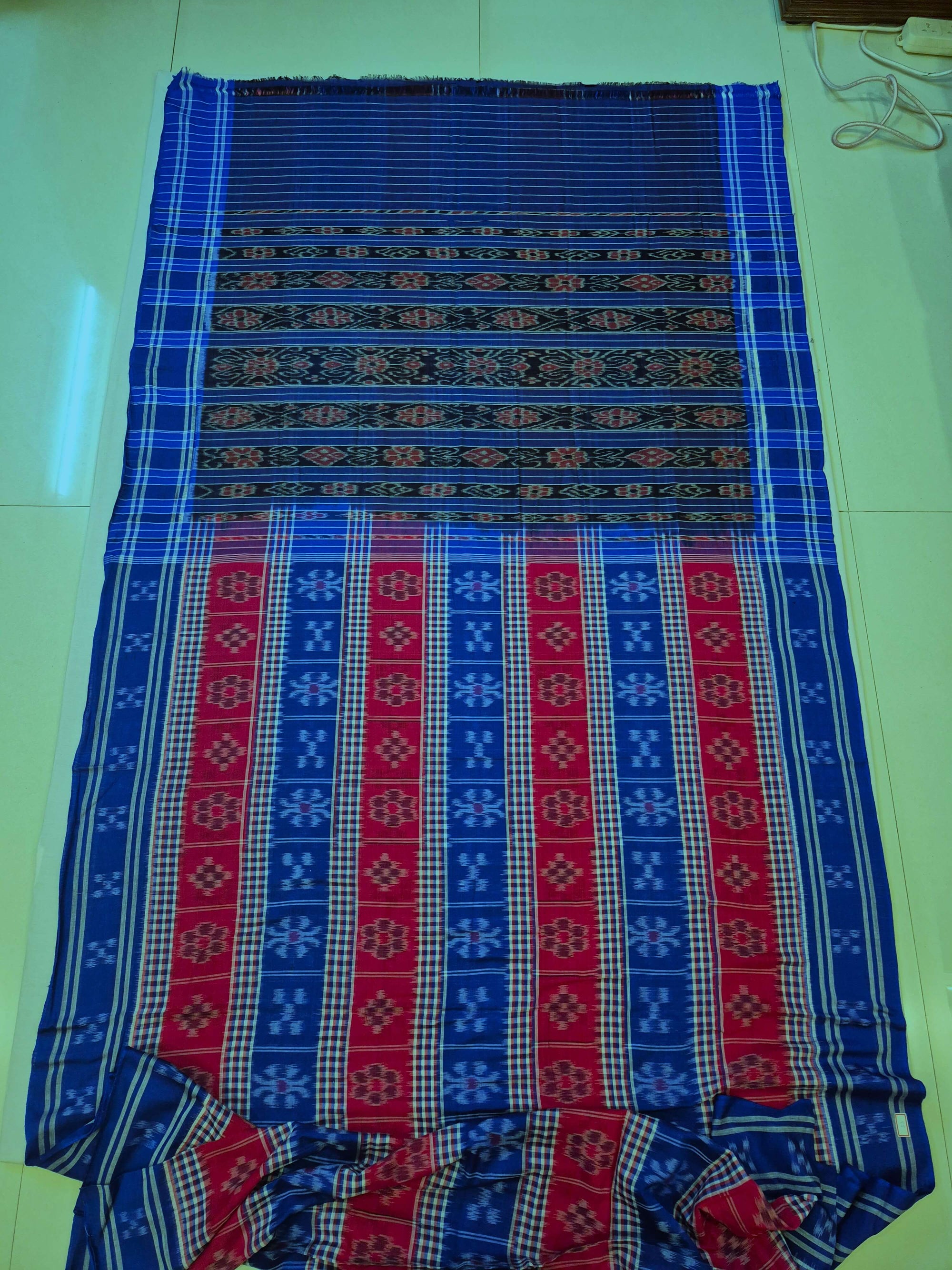 Blue Cotton Odisha Ikat saree with mix match cotton ikat blouse piece