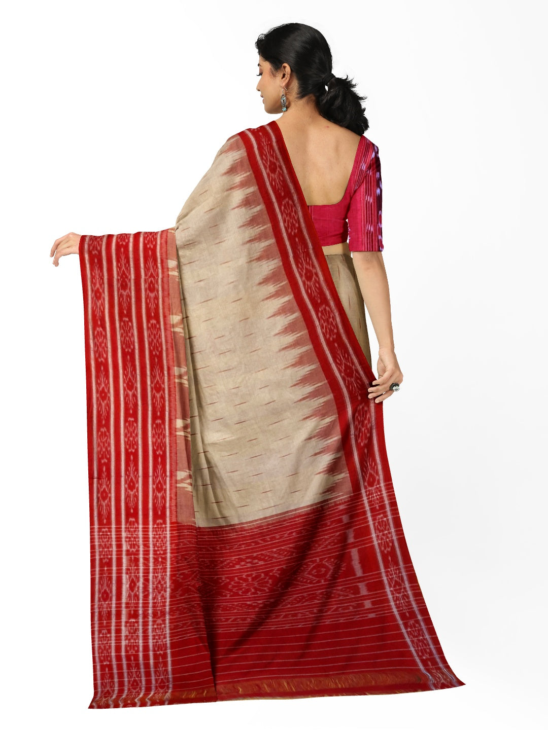 Beige wide border Cotton Odisha Ikat saree  with mix match cotton ikat blouse