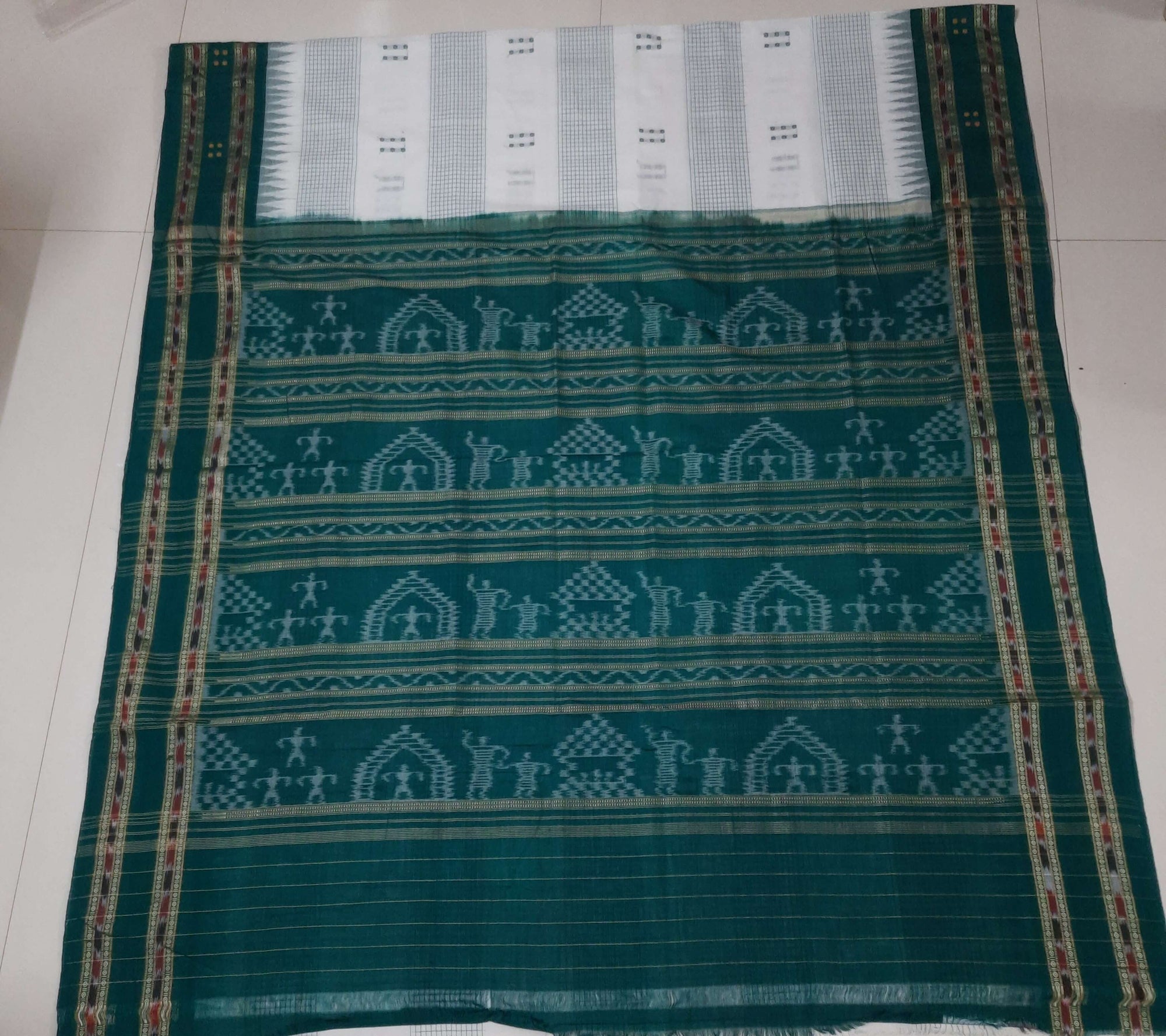 White with Green buti Cotton Odisha Ikat saree with mix match cotton ikat blouse