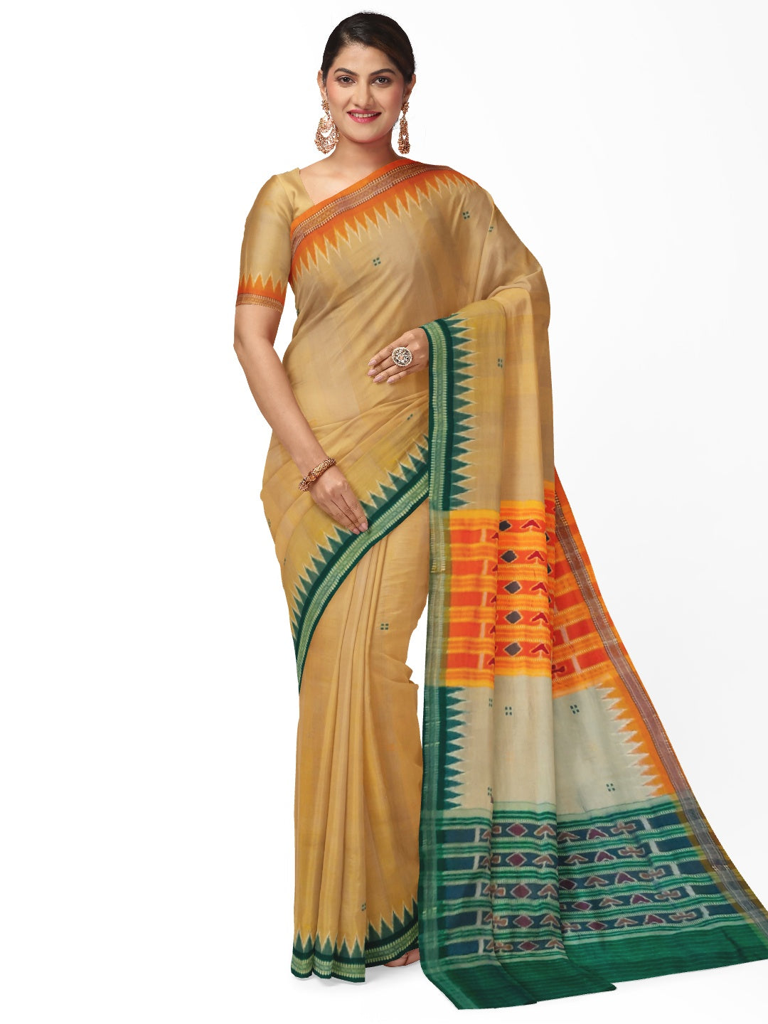 Beige Gangajamuna border Odisha Khandua Pata Silk Saree with running blouse piece