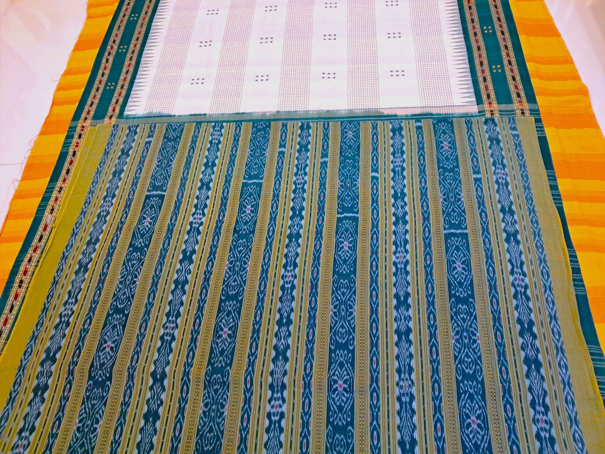 White with Green buti Cotton Odisha Ikat saree with mix match cotton ikat blouse