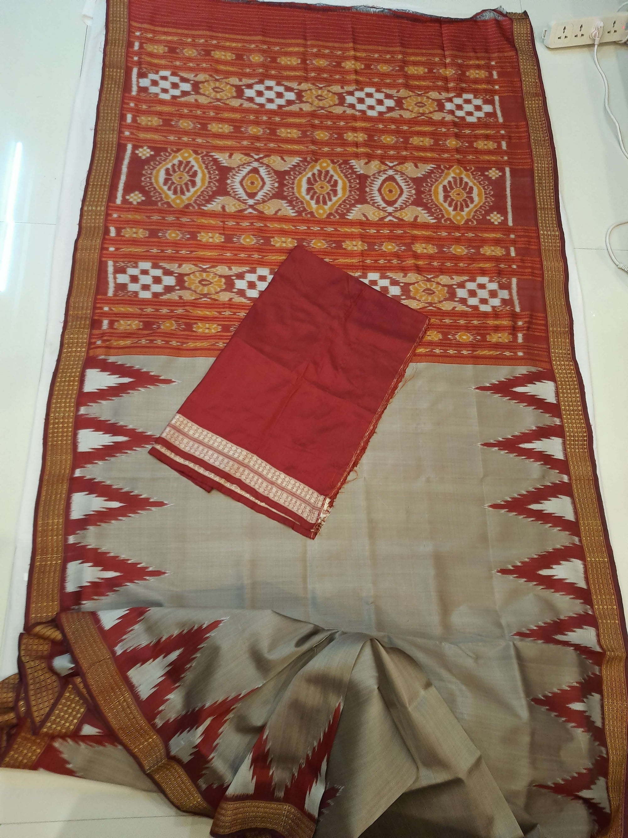 Grey with Maroon Odisha Khandua Pata Silk Saree with Silk blouse piece