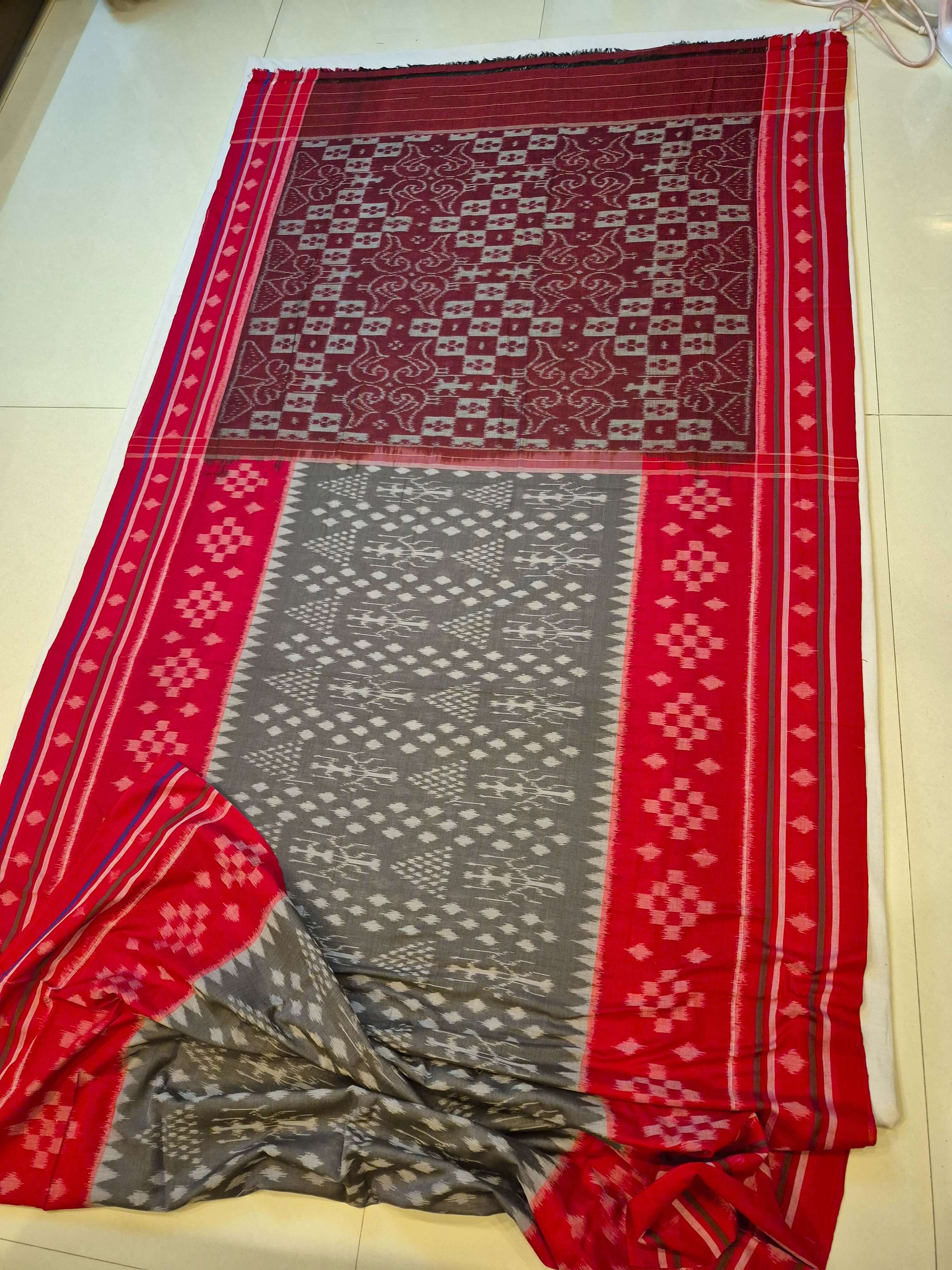 Grey with Red cotton Odisha Ikat Saree with matching cotton Ikat blouse piece