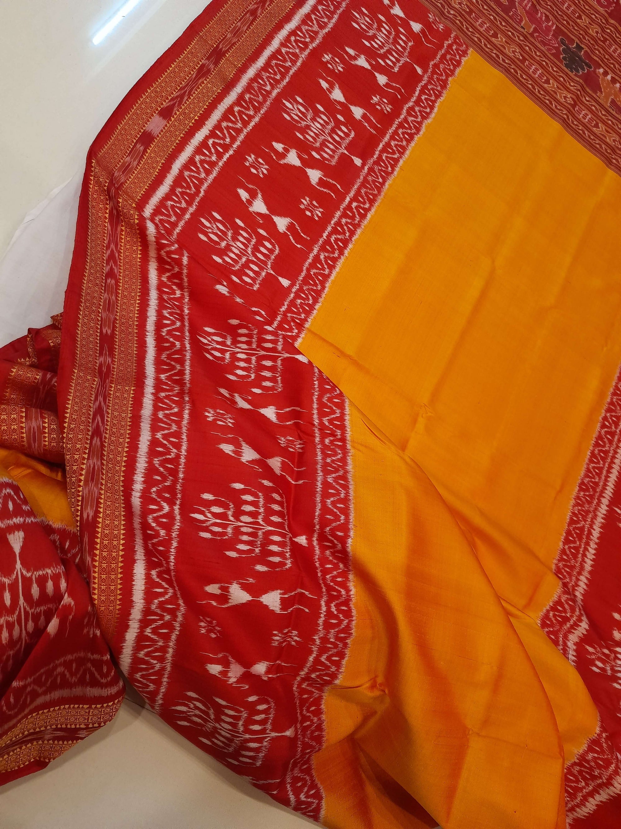 Yellow Red Odisha Khandua Pata Silk Saree with running blouse piece