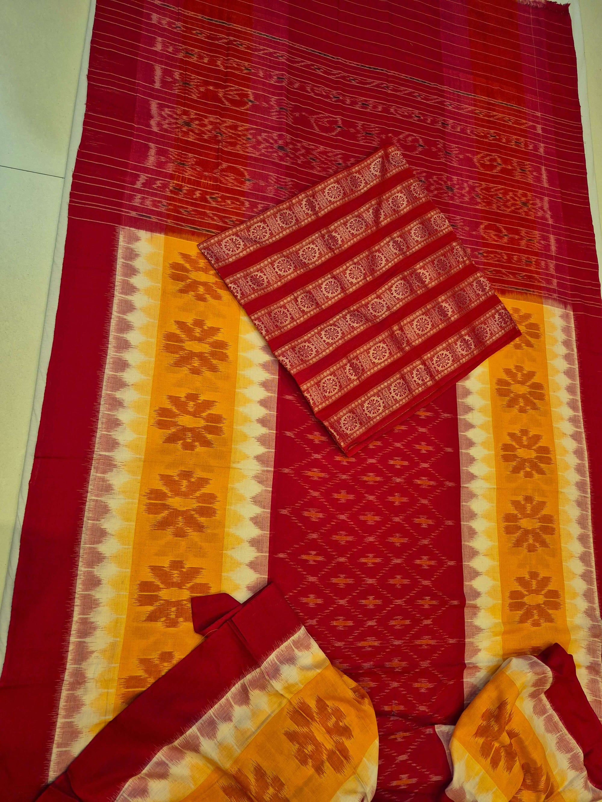 Red Yellow Cotton Odisha Ikat saree with mix match cotton ikat blouse