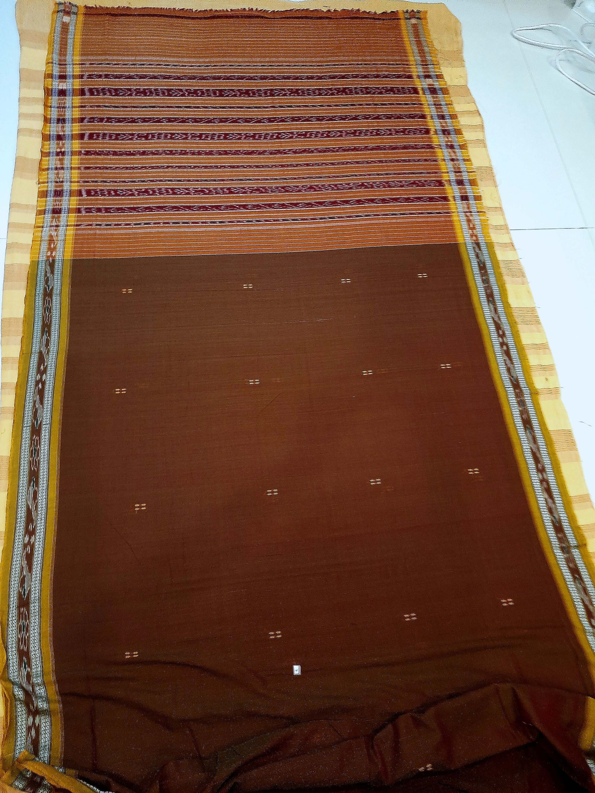 Brown with Golden Odisha Ikat saree  with cotton ikat blouse piece