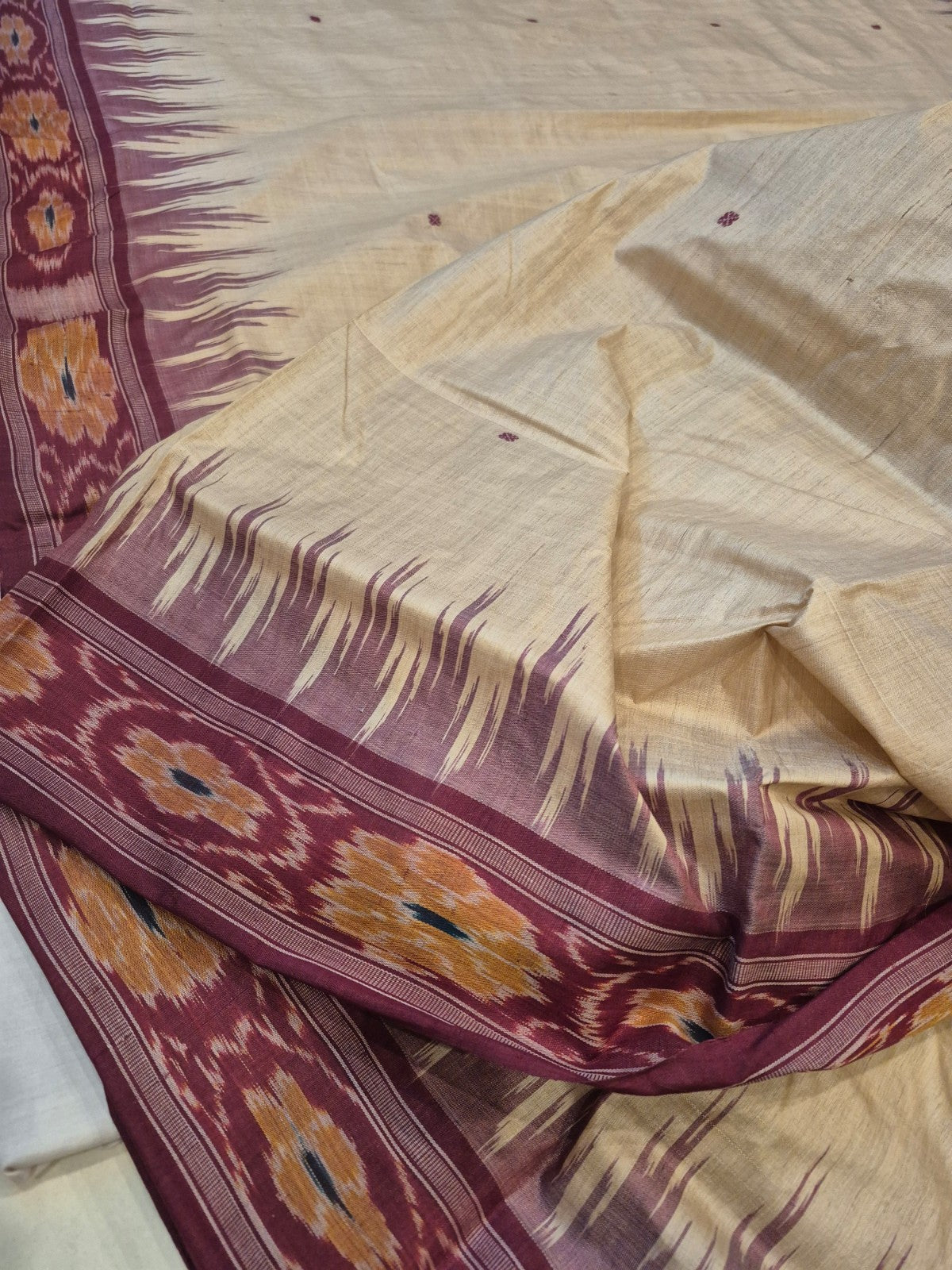 Beige with Maroon Tussar Silk Odisha Ikat Saree paired with cotton ikat blouse piece