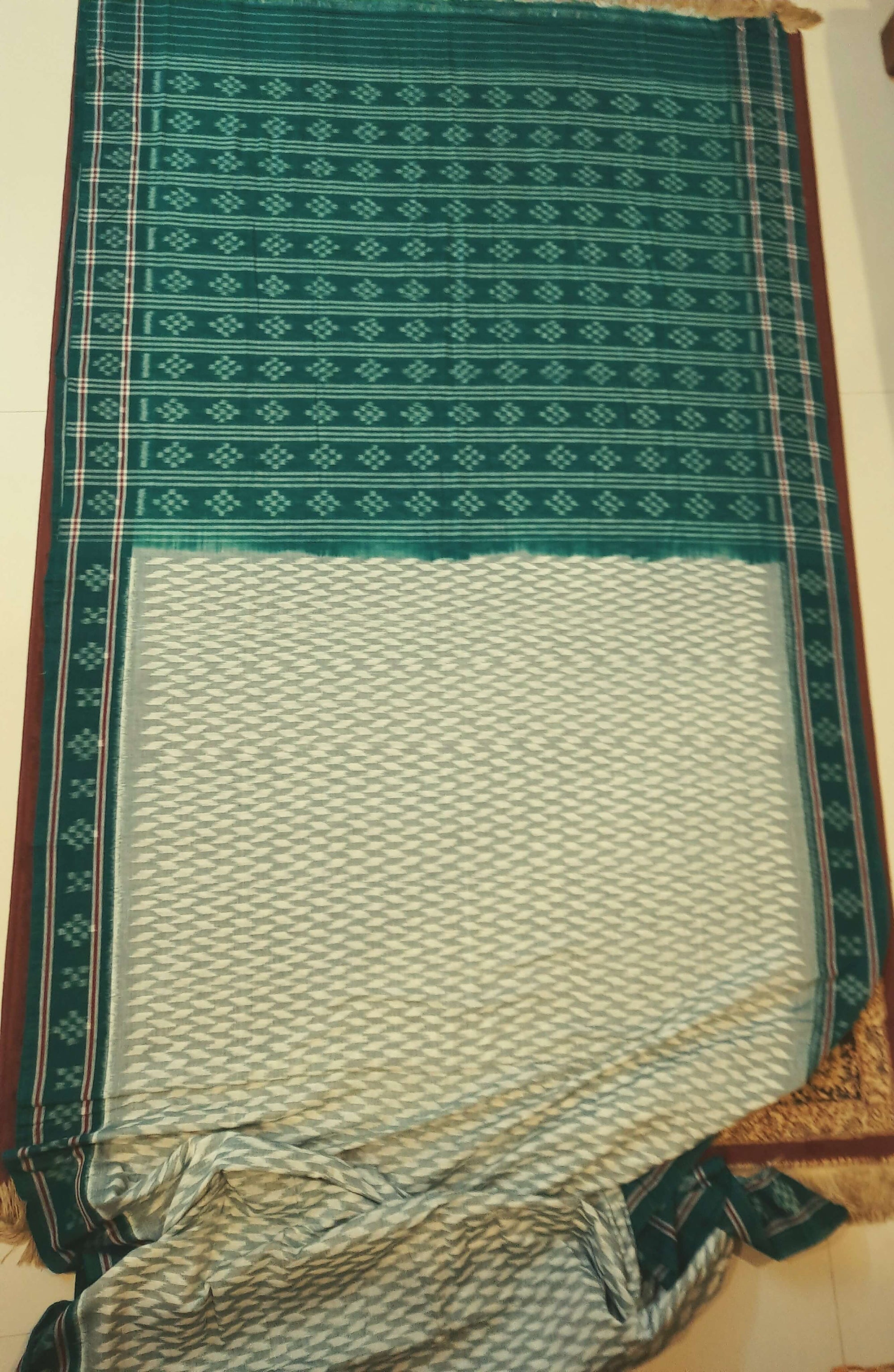 Off_White with Green Cotton Odisha Ikat saree with mix match cotton ikat blouse piece