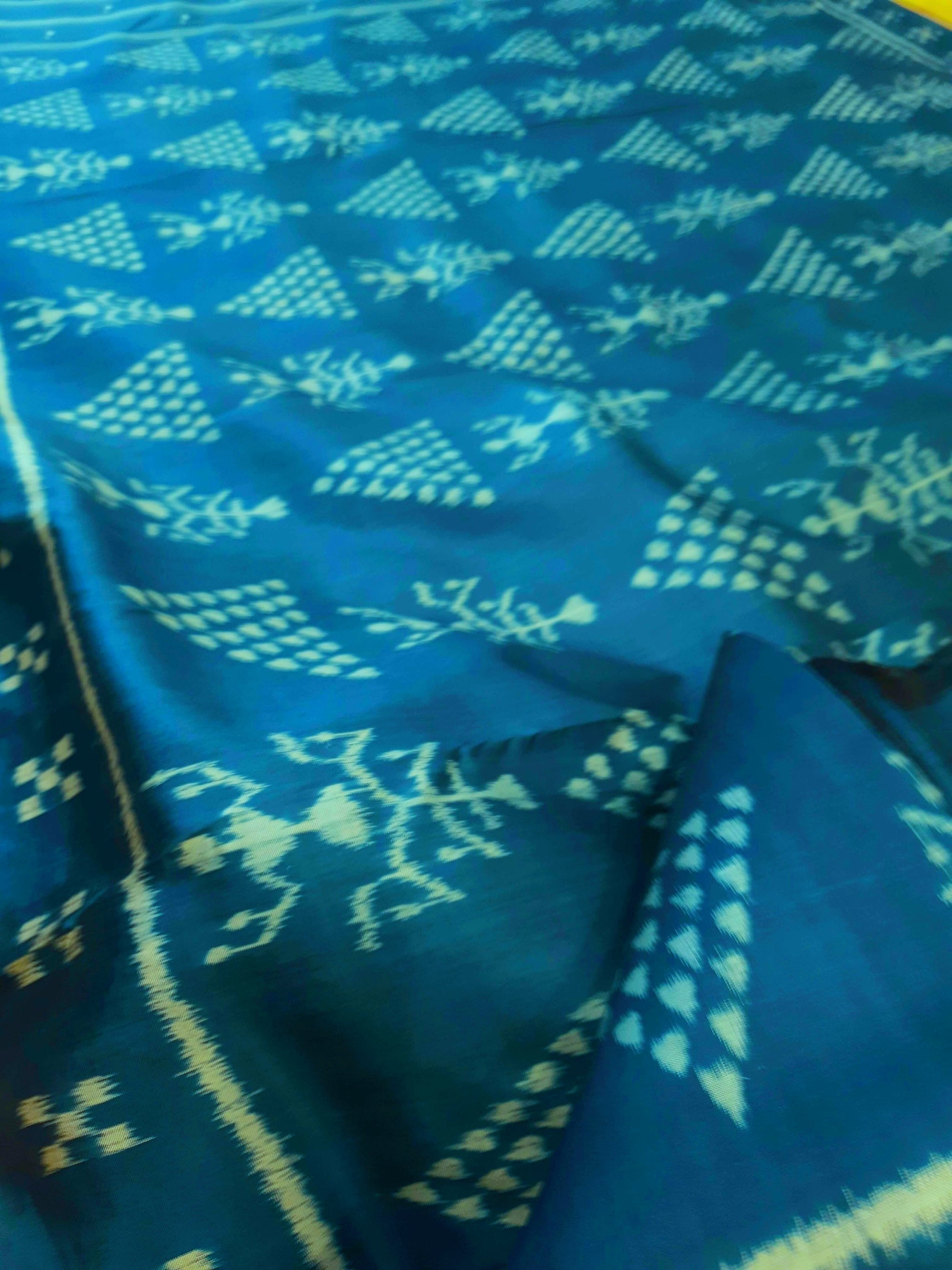 Blue Tribal motifs Odisha Khandua Pata Silk Saree with running blouse piece