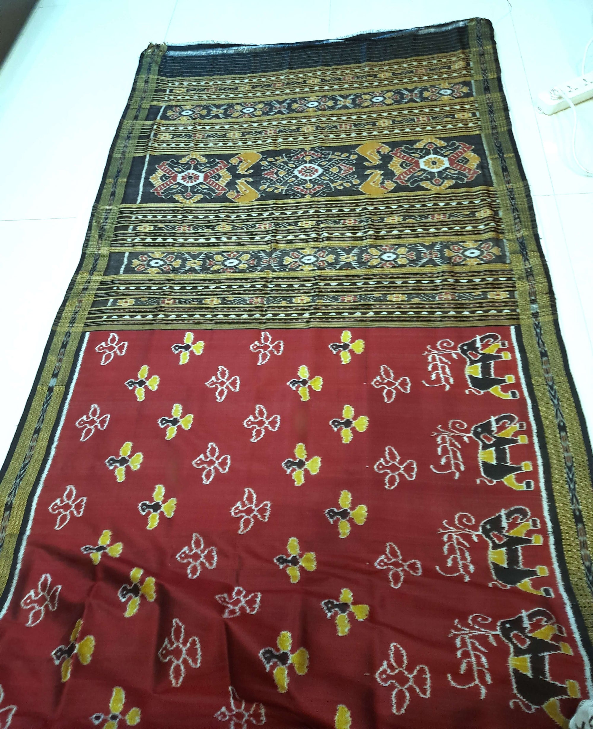 Maroon Odisha Khandua Pata Silk Saree with cotton ikat blouse piece