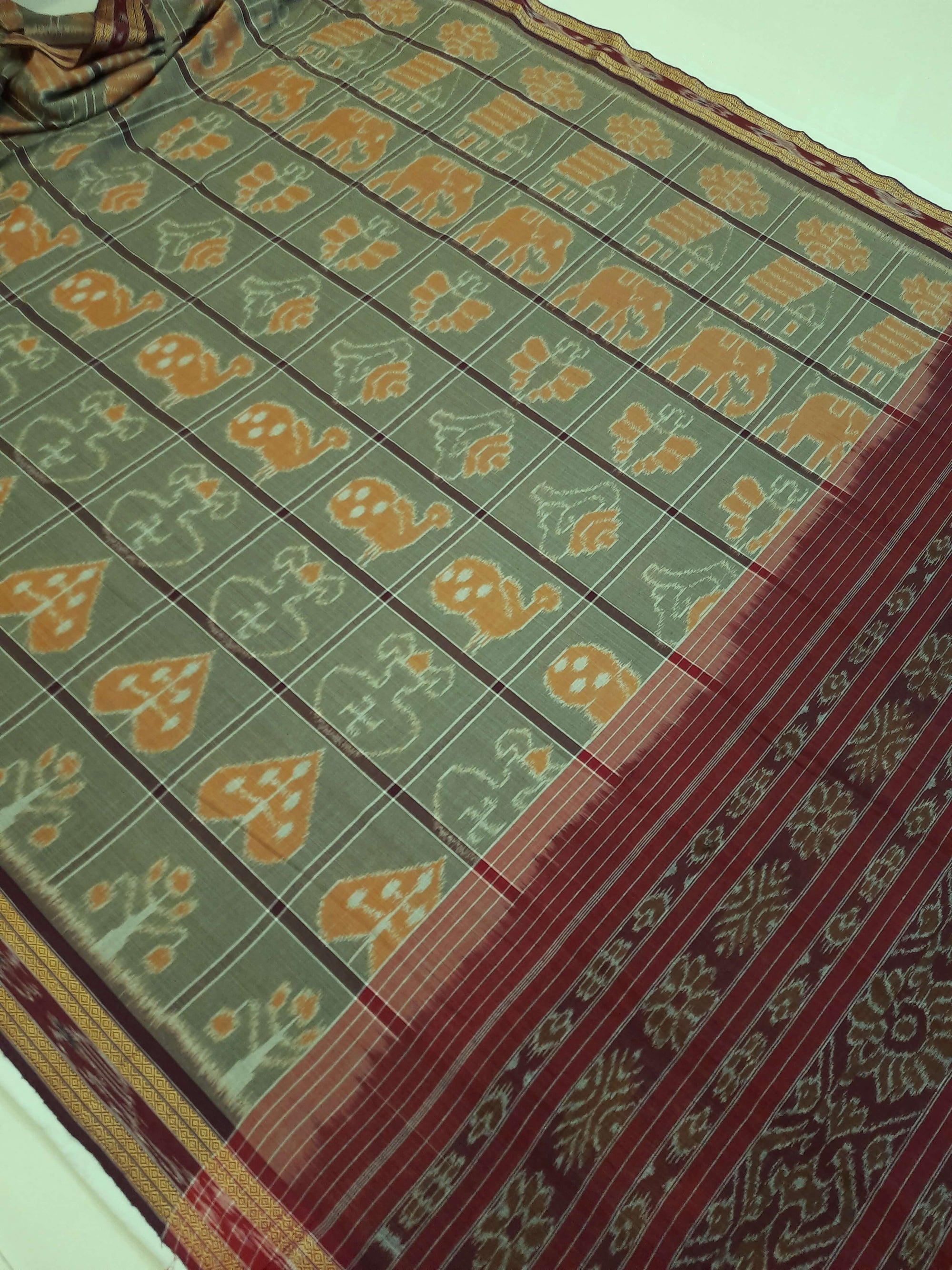 Grey cotton Nuapatna Nabakothi Saree with mix match cotton Ikat blouse piece