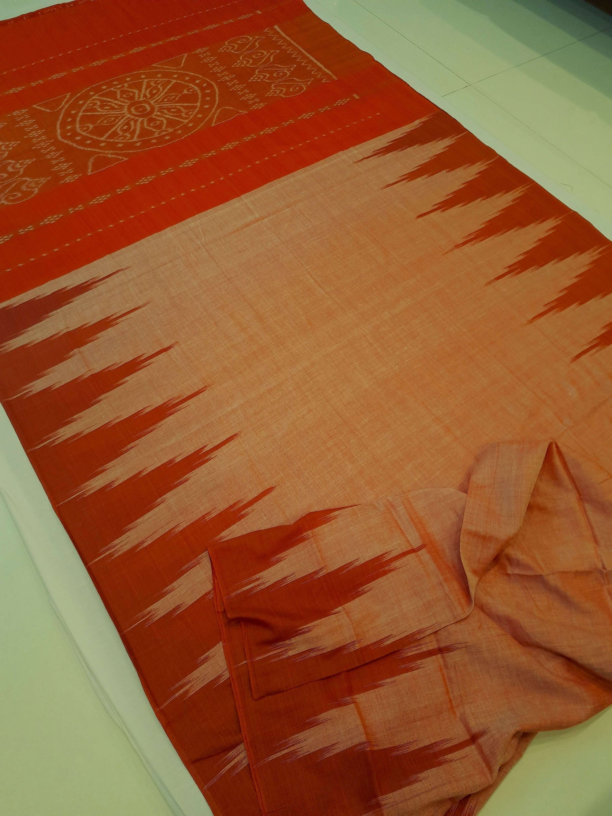 Rust Cotton Odisha Ikat saree  with mix match cotton ikat blouse