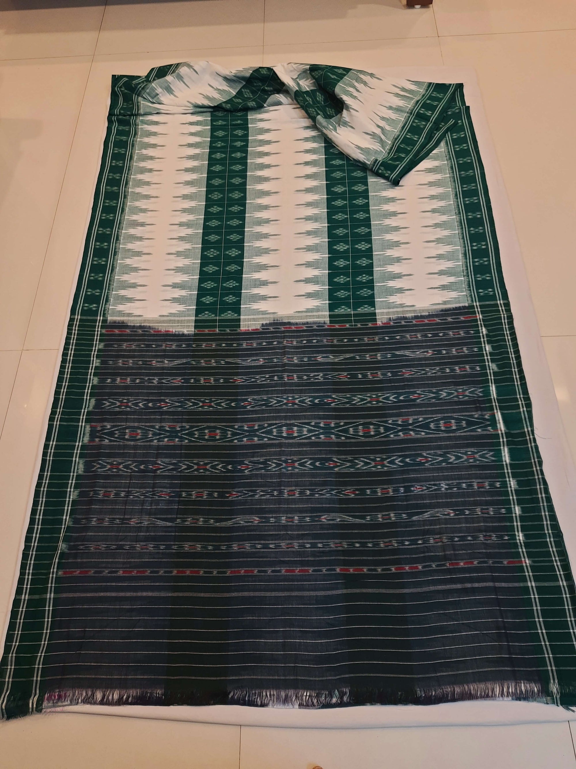 White and Green Cotton Odisha Ikat saree with mix match blouse piece