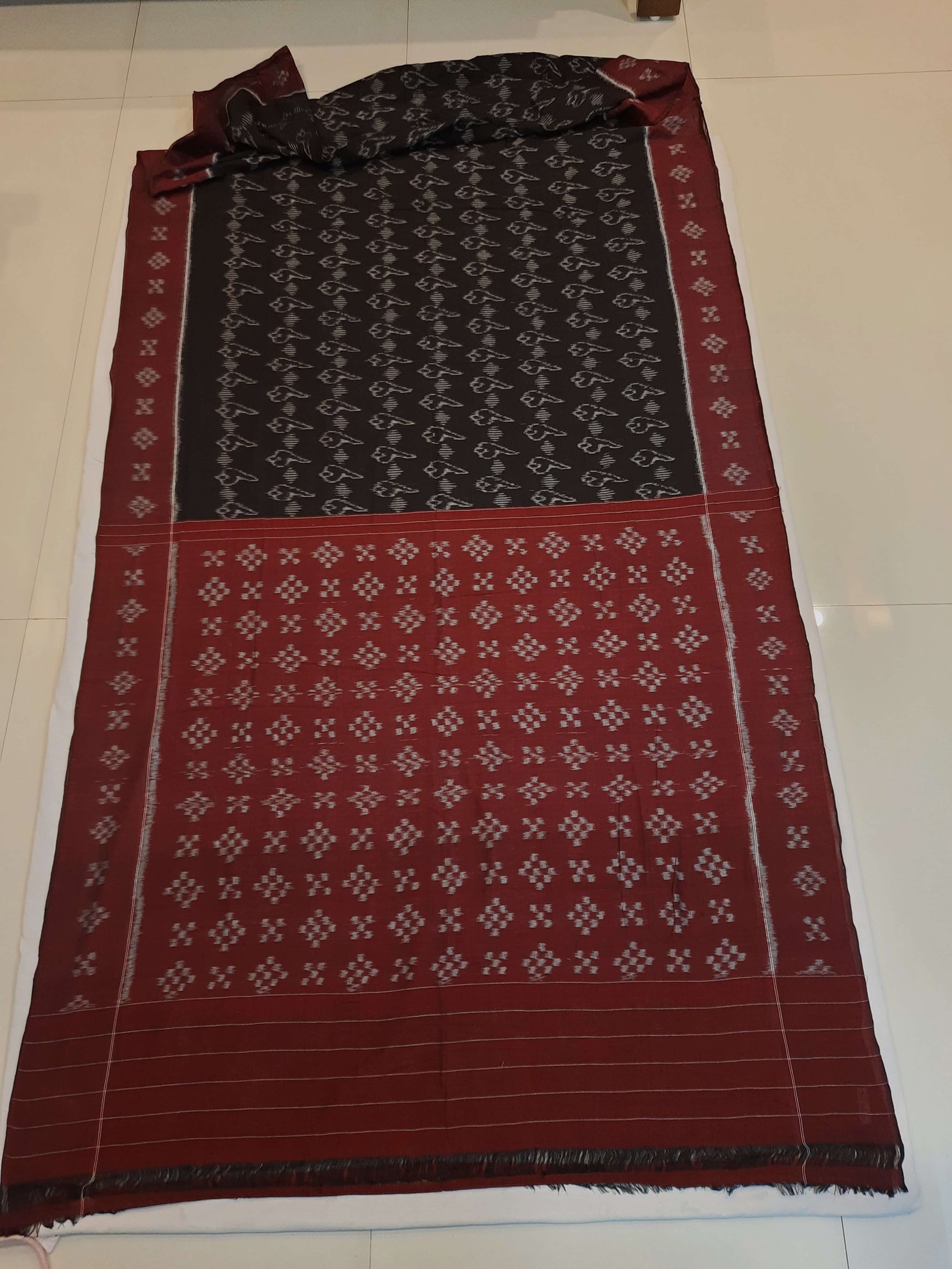Black with Maroon Cotton Odisha Ikat saree with matching blouse piece