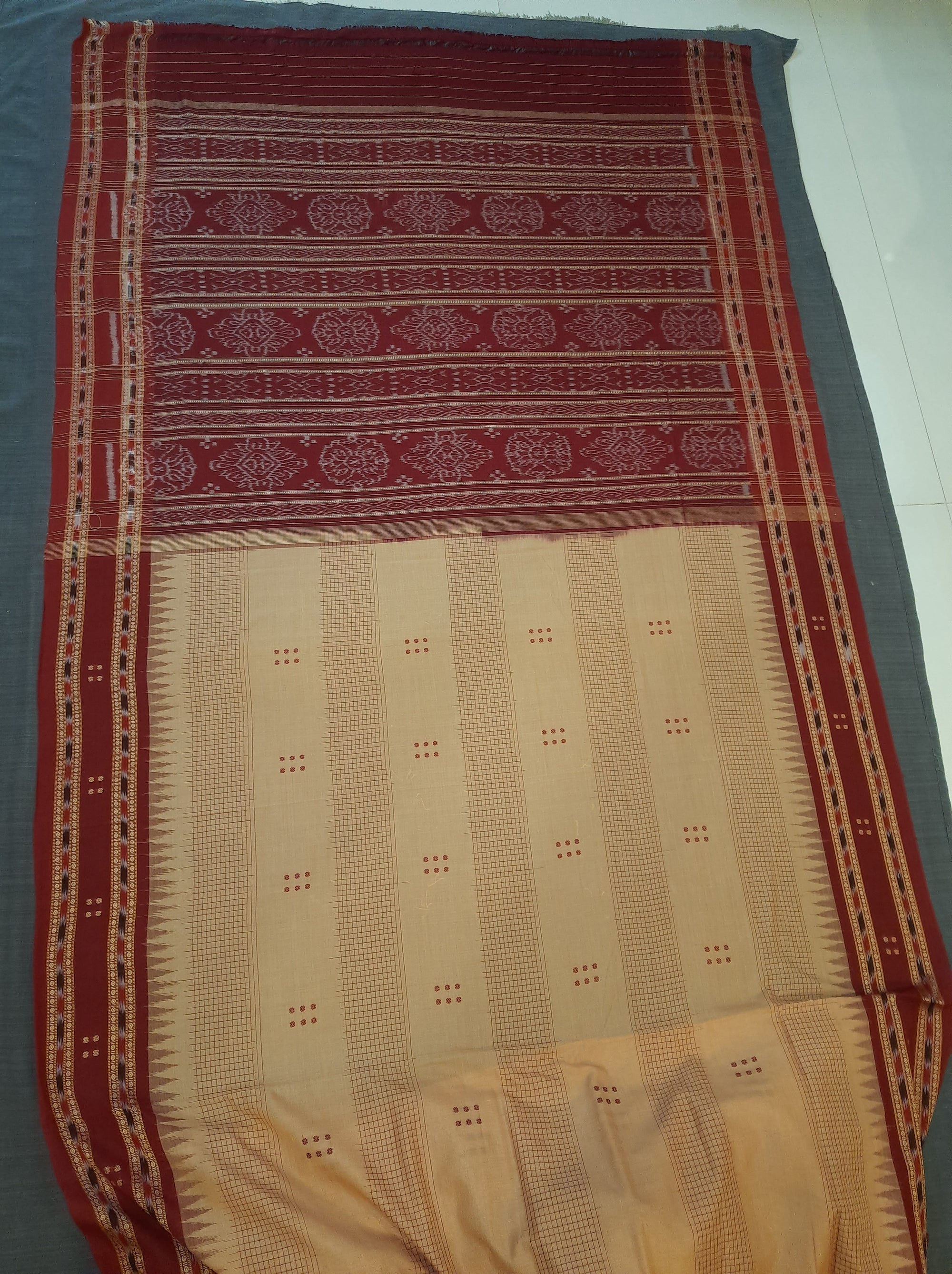 Beige Maroon buti Cotton Odisha Ikat saree with mix match cotton ikat blouse