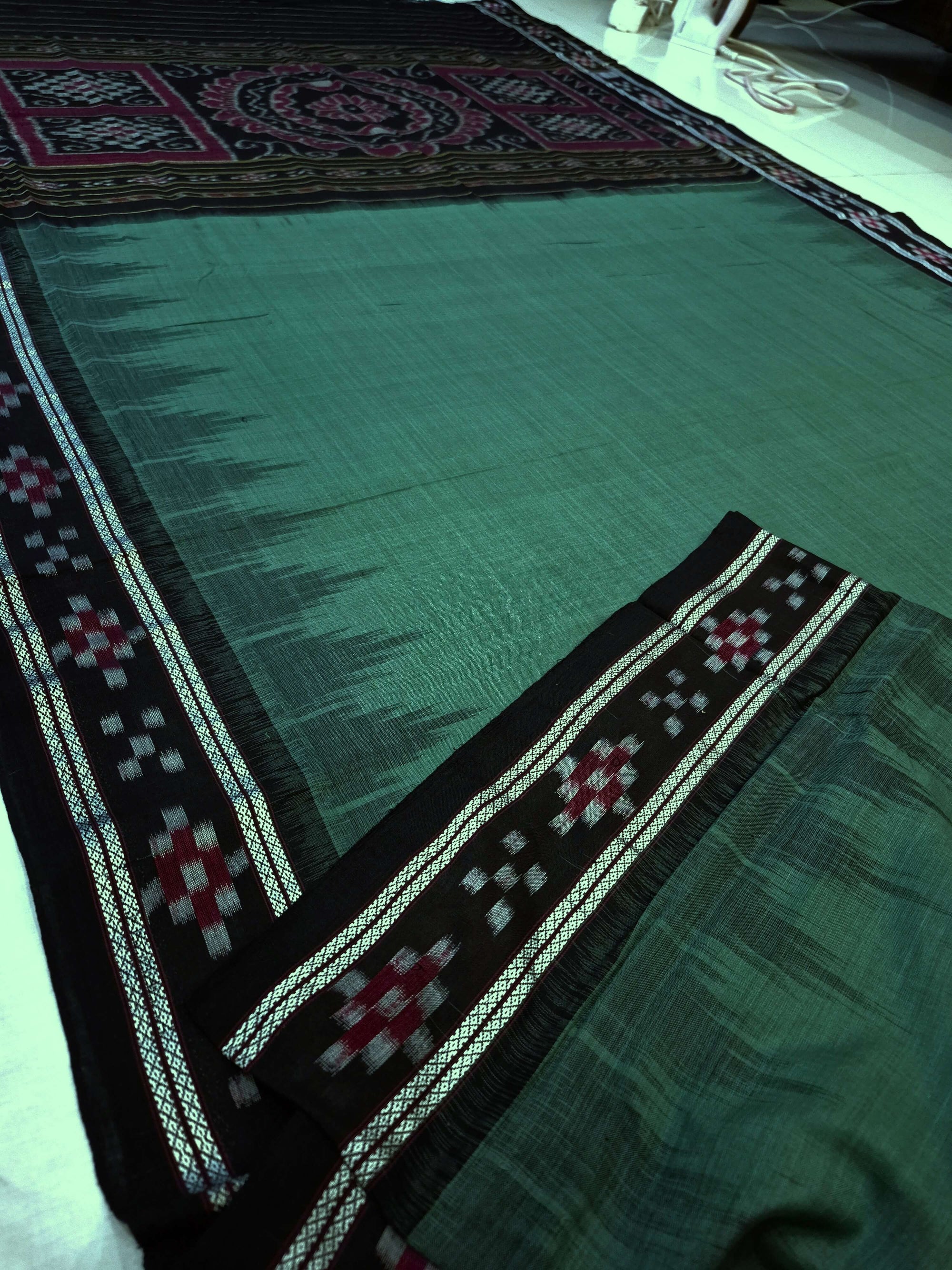 Green Black Odisha Ikat saree with cotton ikat blouse piece