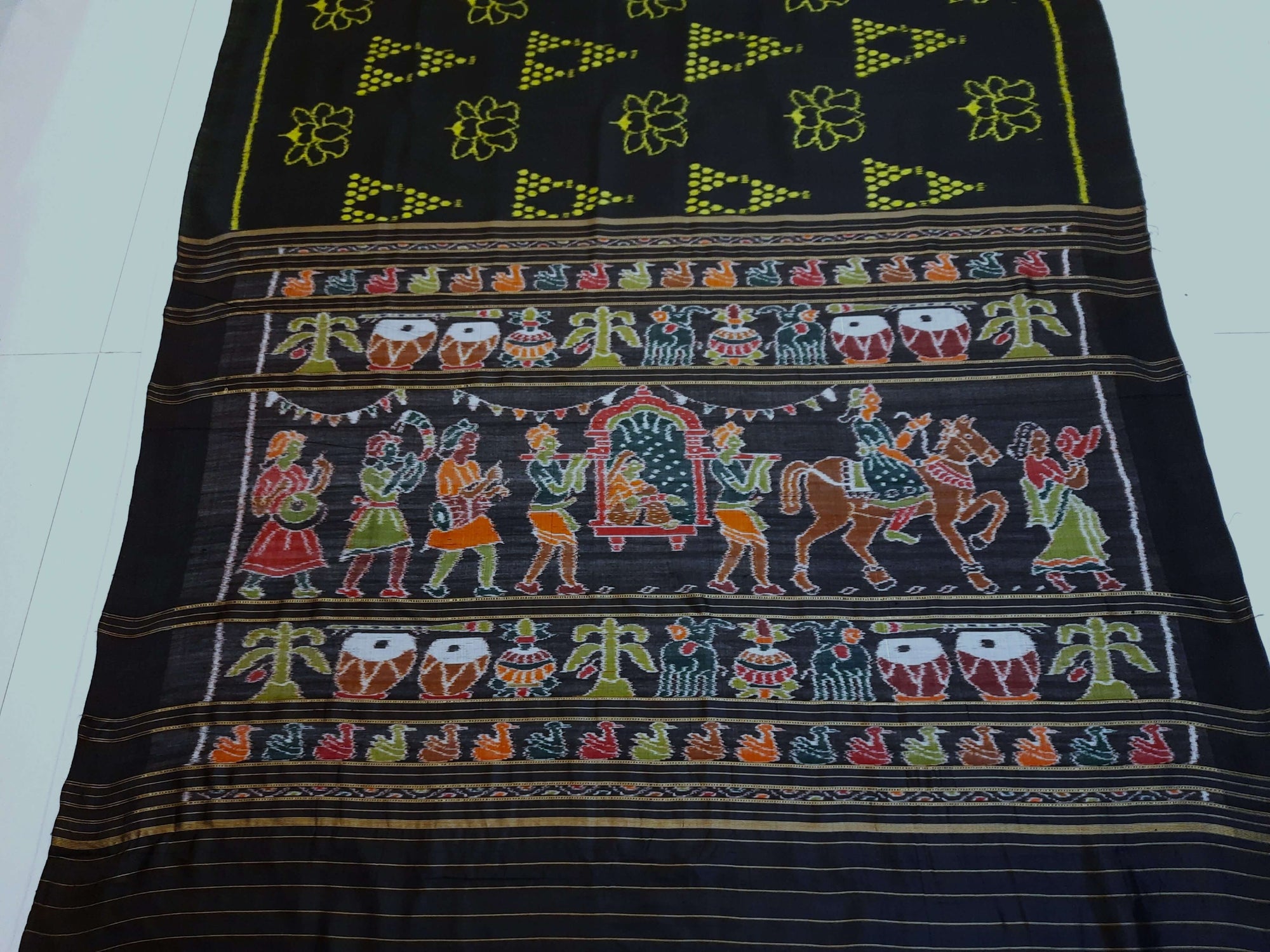 Black Odisha Khandua Pata Silk Saree with Silk Blouse piece