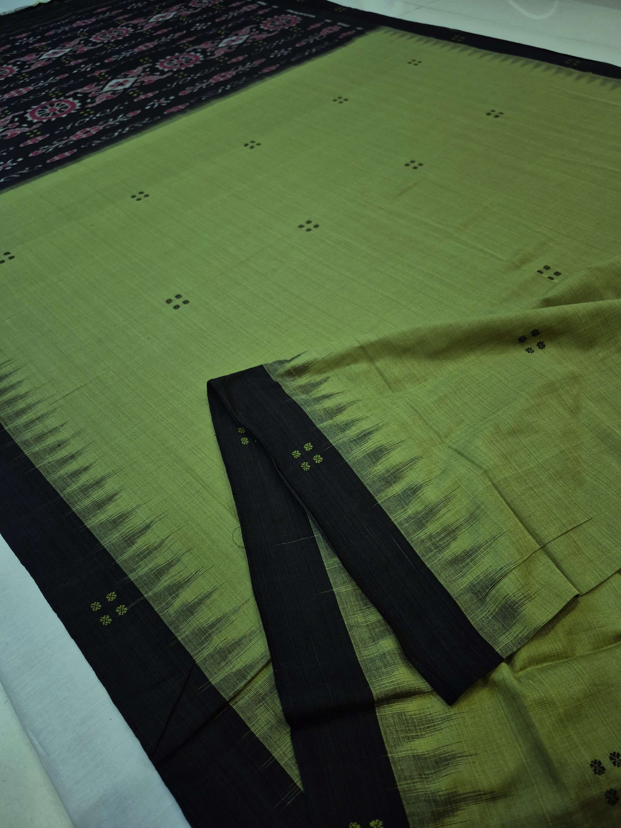Green with Black Cotton Odisha Ikat saree with cotton ikat blouse piece