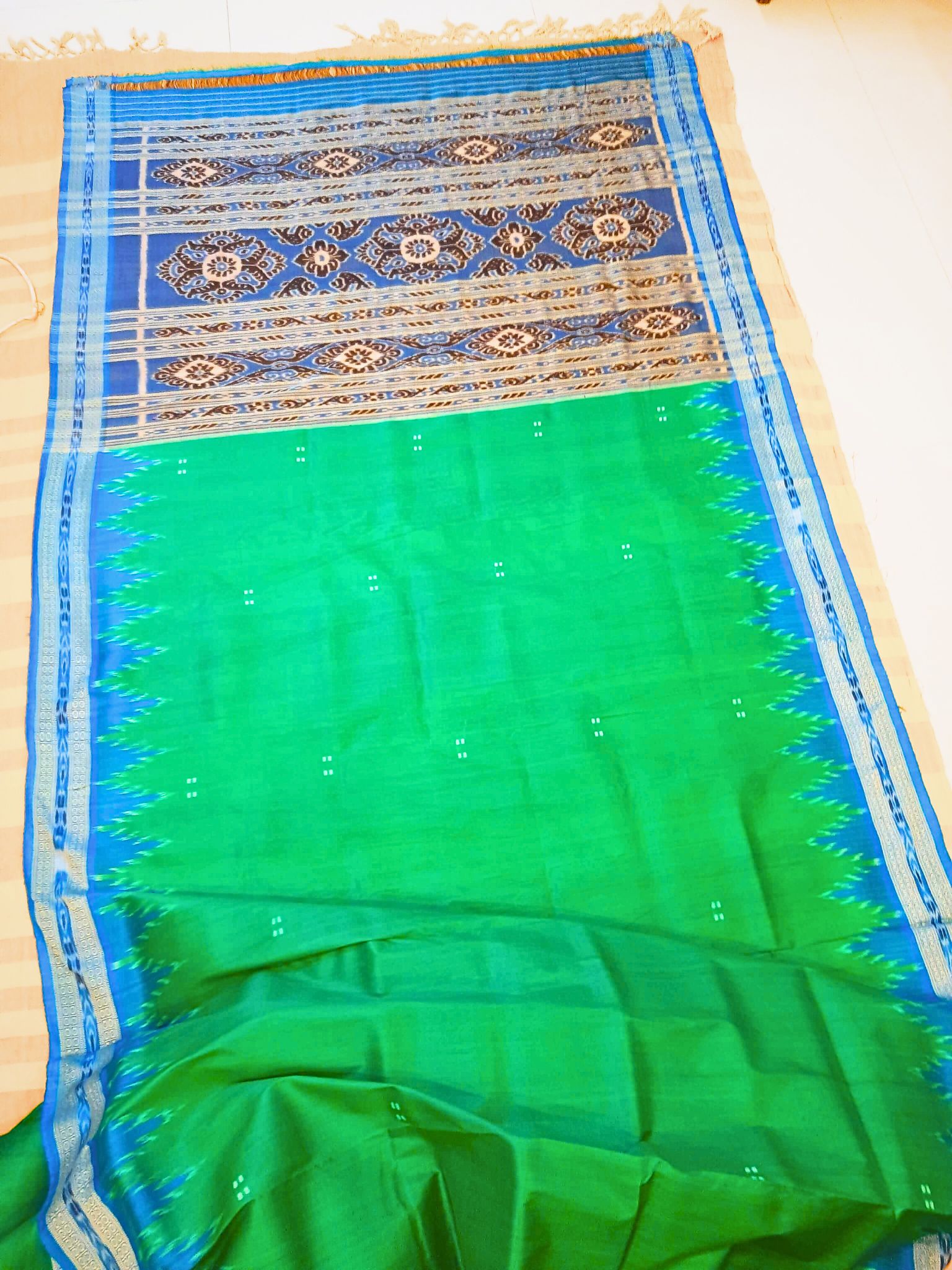 Green with Blue Odisha Khandua Pata Silk Saree