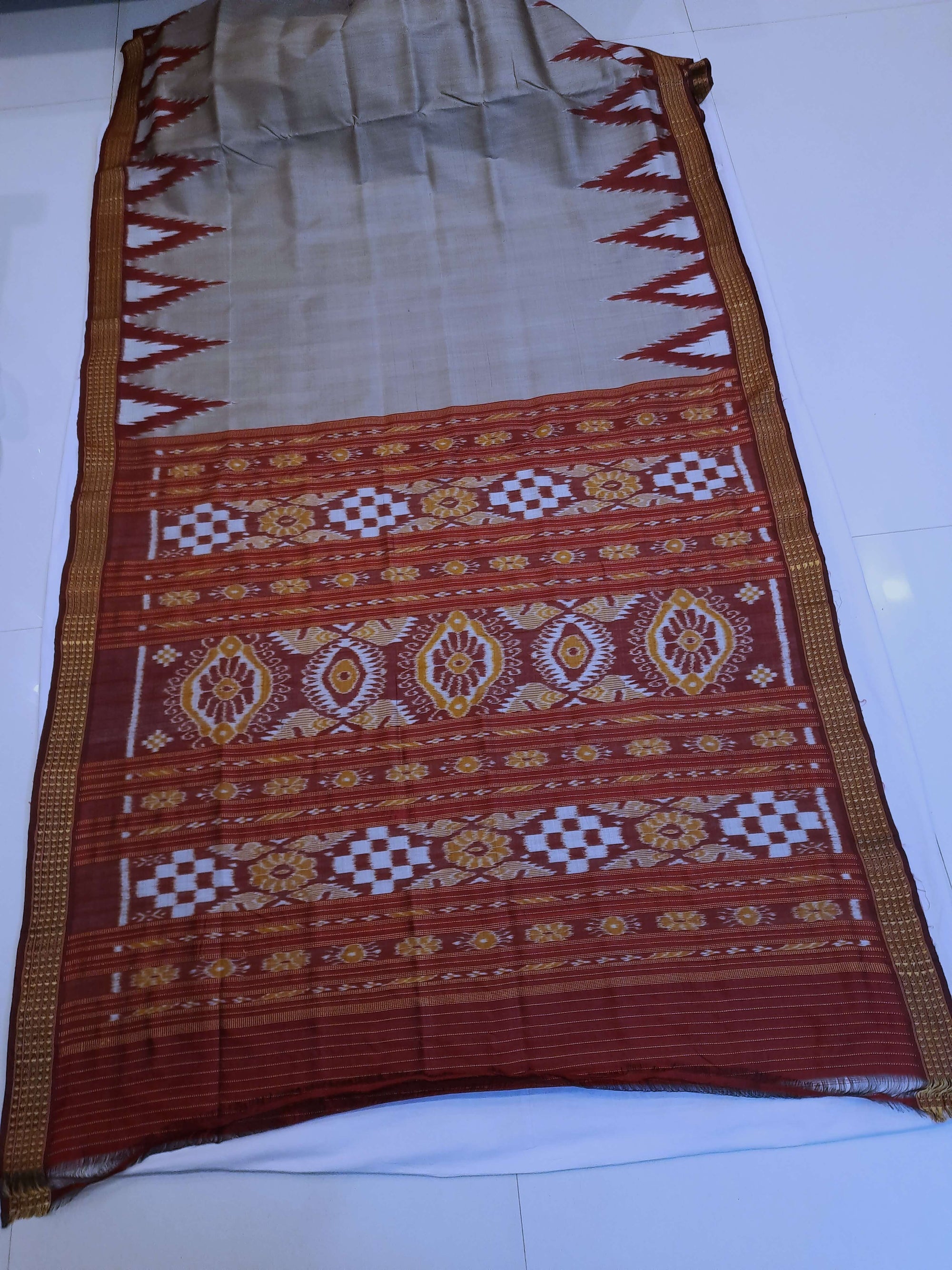 Grey with Maroon Odisha Khandua Pata Silk Saree with Silk blouse piece