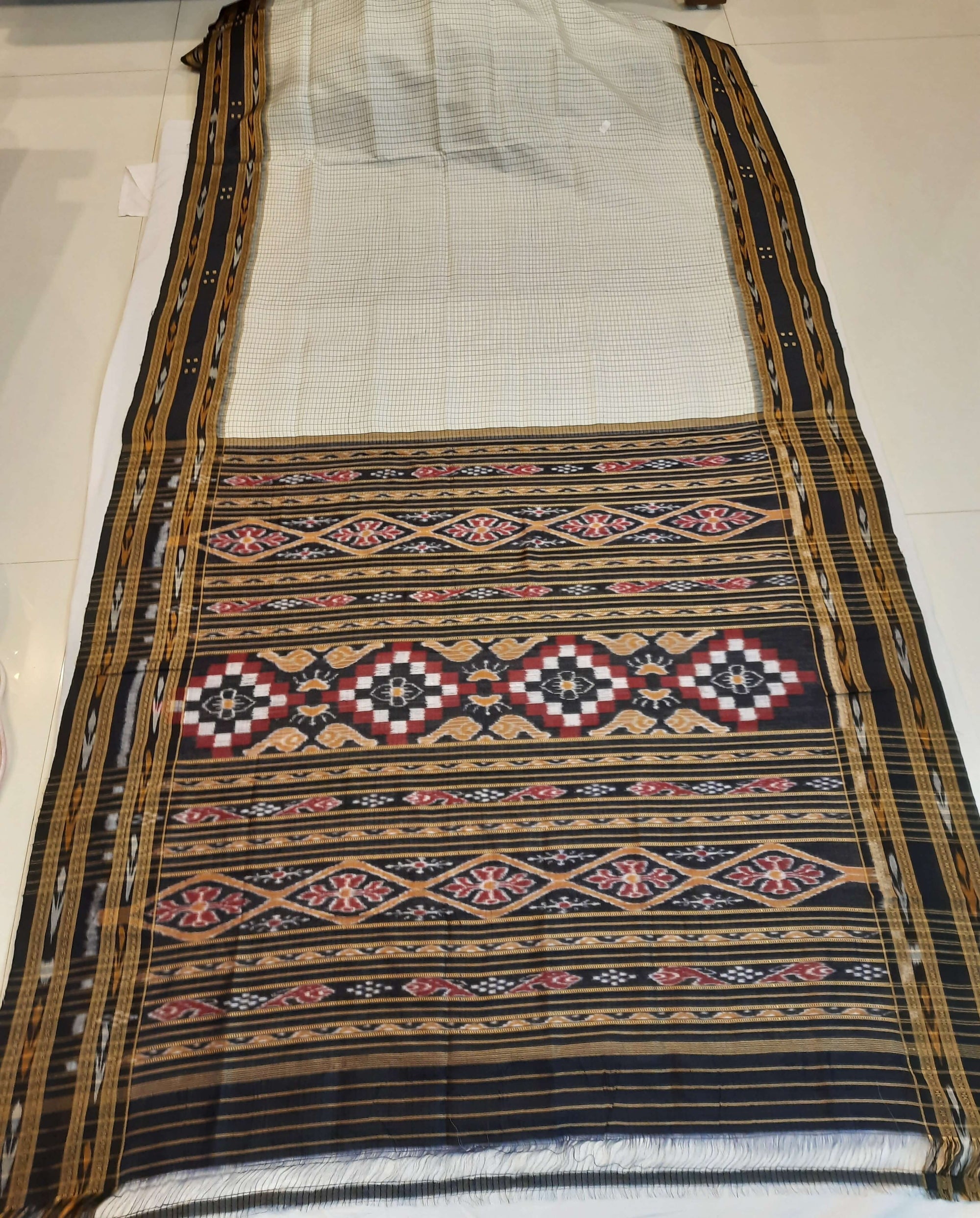 Offwhite Black Sachipar Khandua Pata Silk Saree with cotton ikat blouse piece
