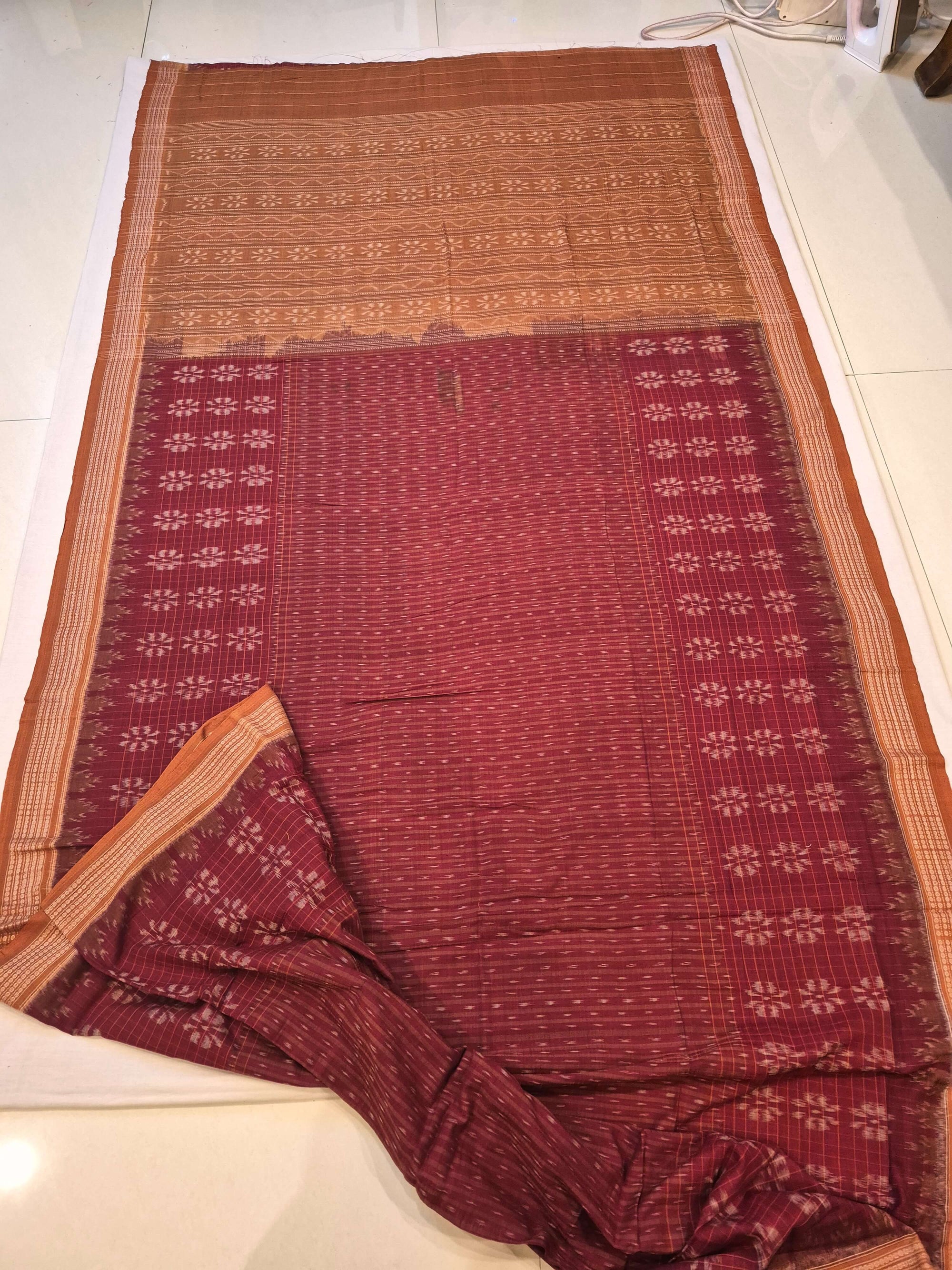 Maroon Sambalpuri Cotton Saree with cotton ikat blouse piece