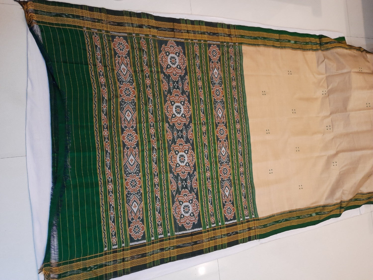Beige with Green Odisha Khandua Pata Silk Saree with cotton ikat blouse piece