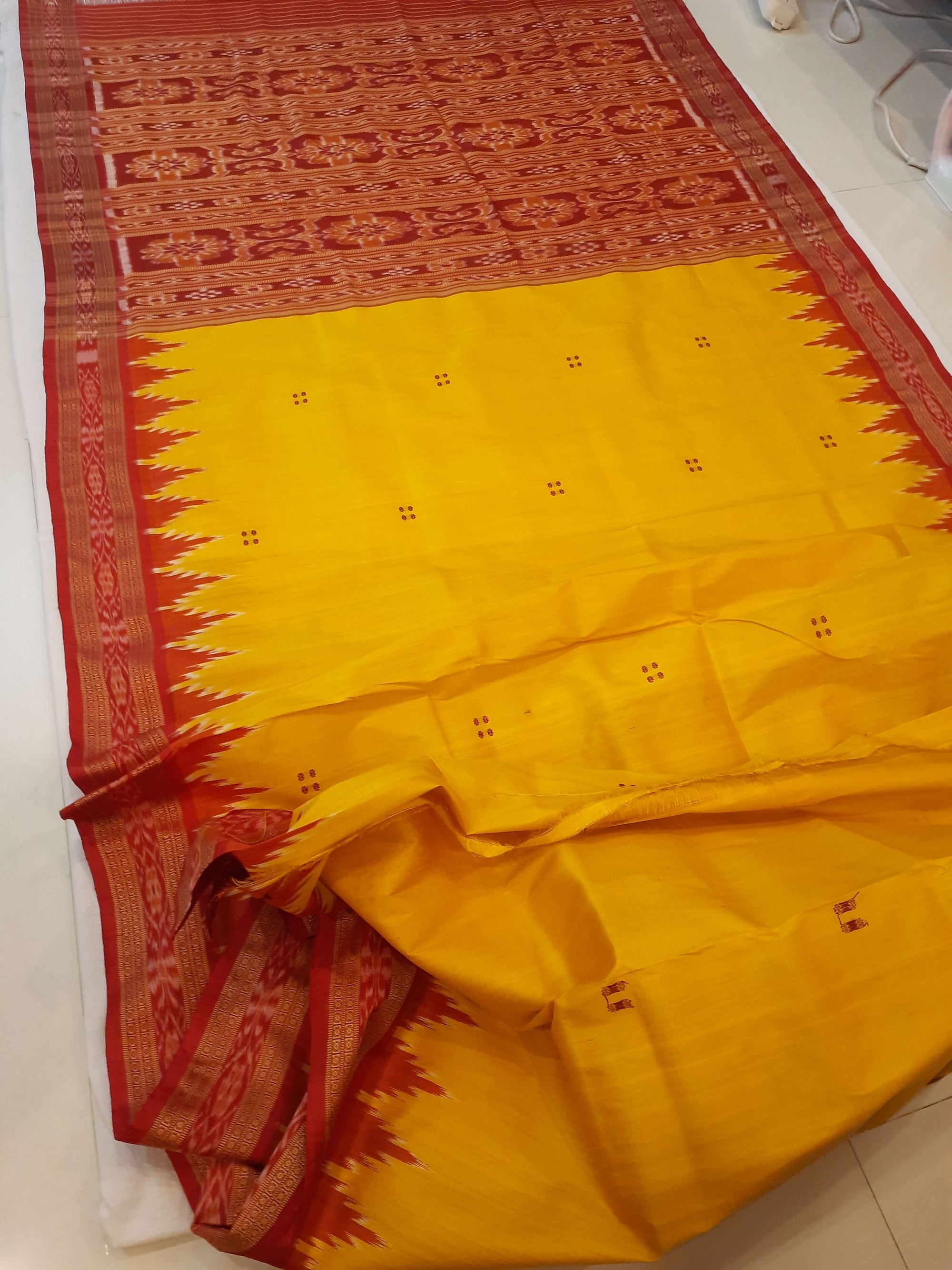 Yellow Red Odisha Khandua Pata Silk Saree with cotton ikat blouse piece