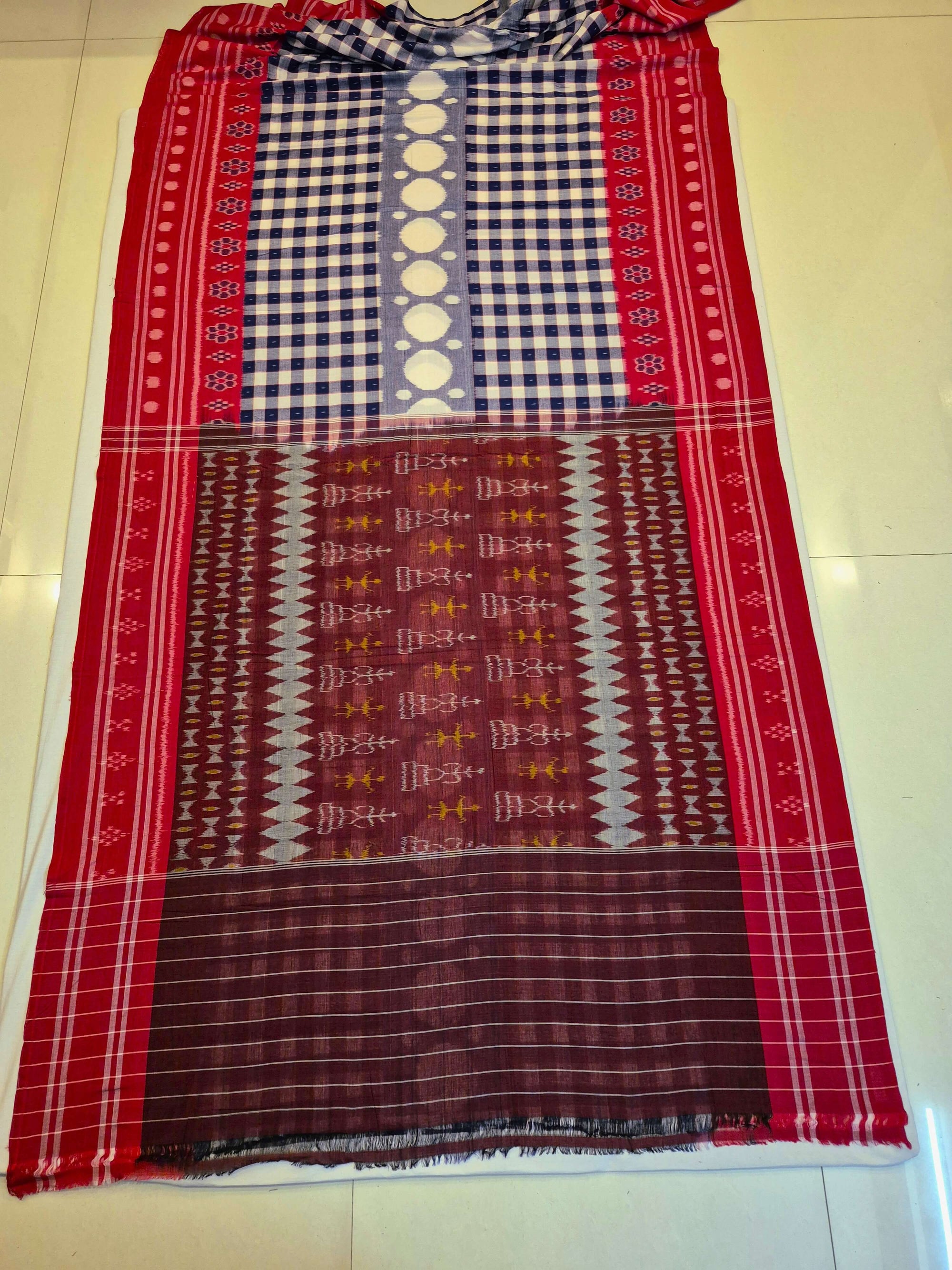 Blue with Red Cotton Odisha Ikat saree with cotton ikat blouse piece